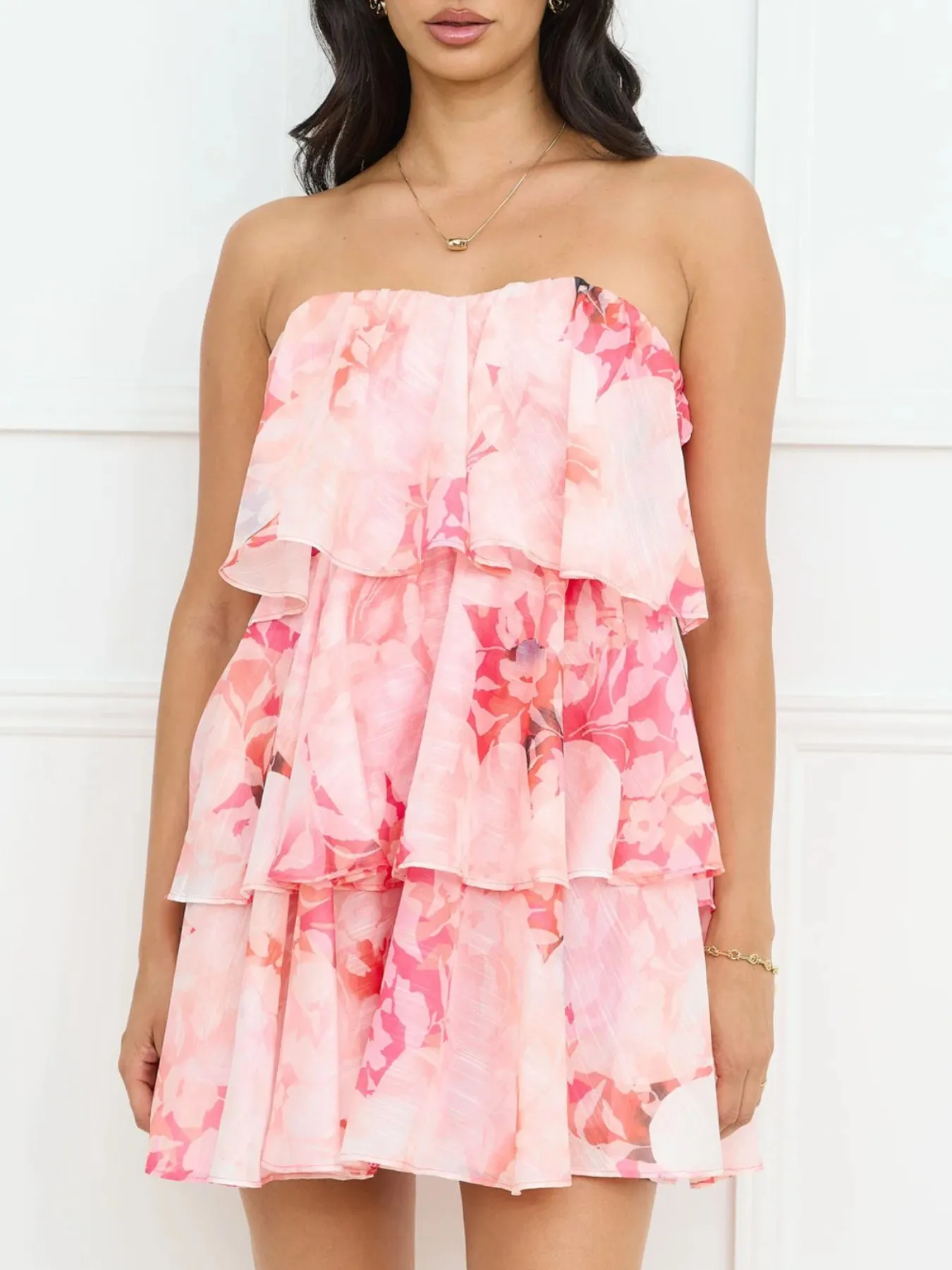 Printed Ruffled Layered Tube Dress - Image 8