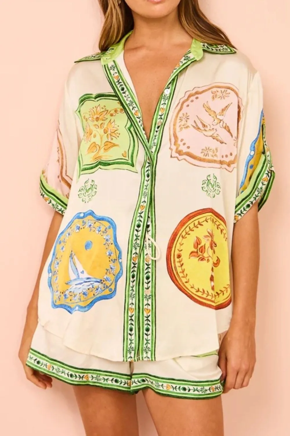 Printed Short Sleeve Button Down Top and Shorts Set - Image 2