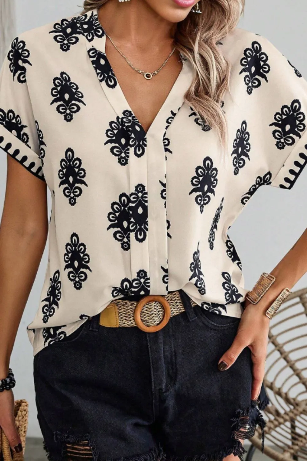 Printed Short Sleeve Loose Blouse - Image 7