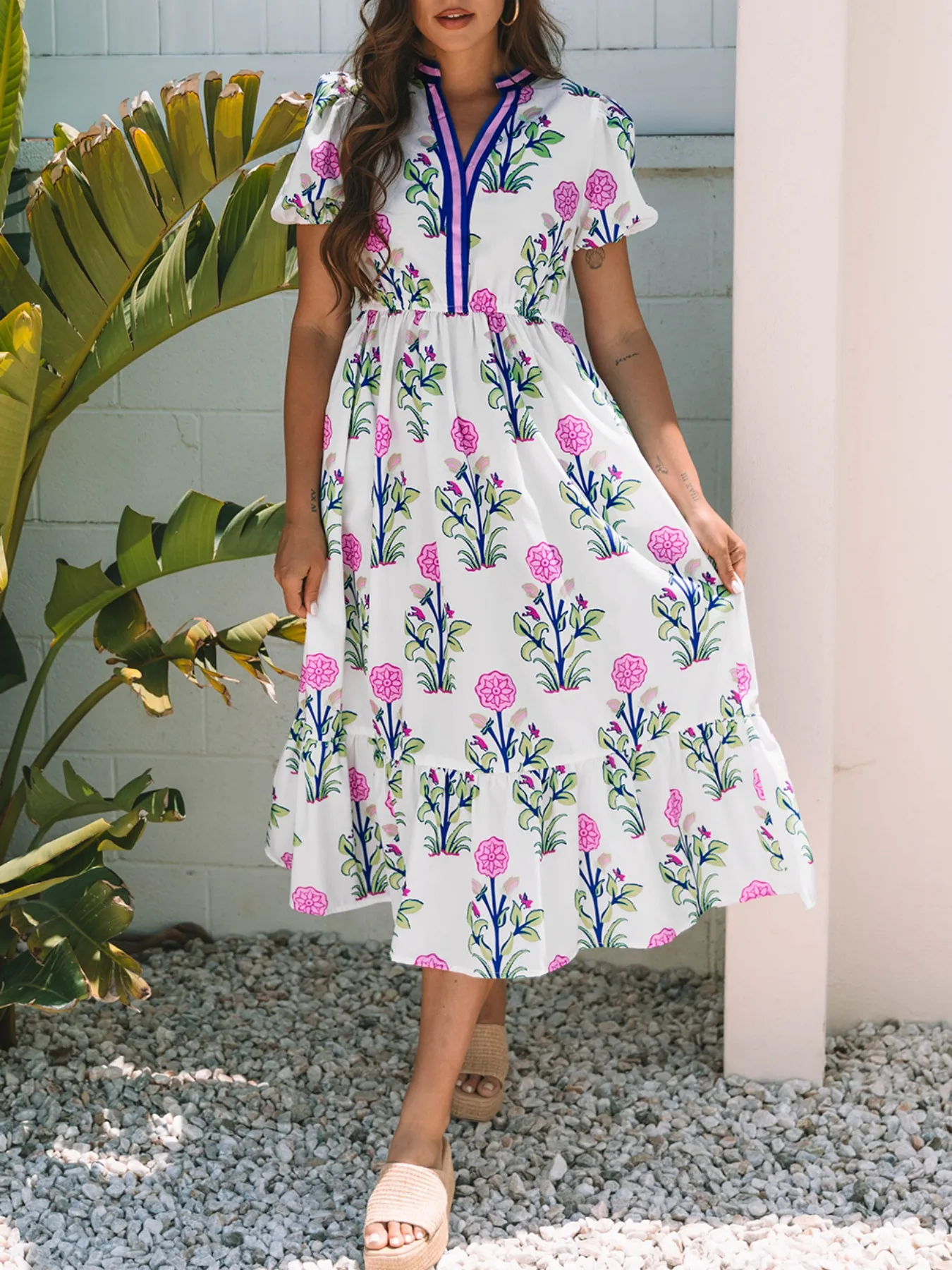 Printed Short Sleeve Midi Dress with Pockets - Image 5