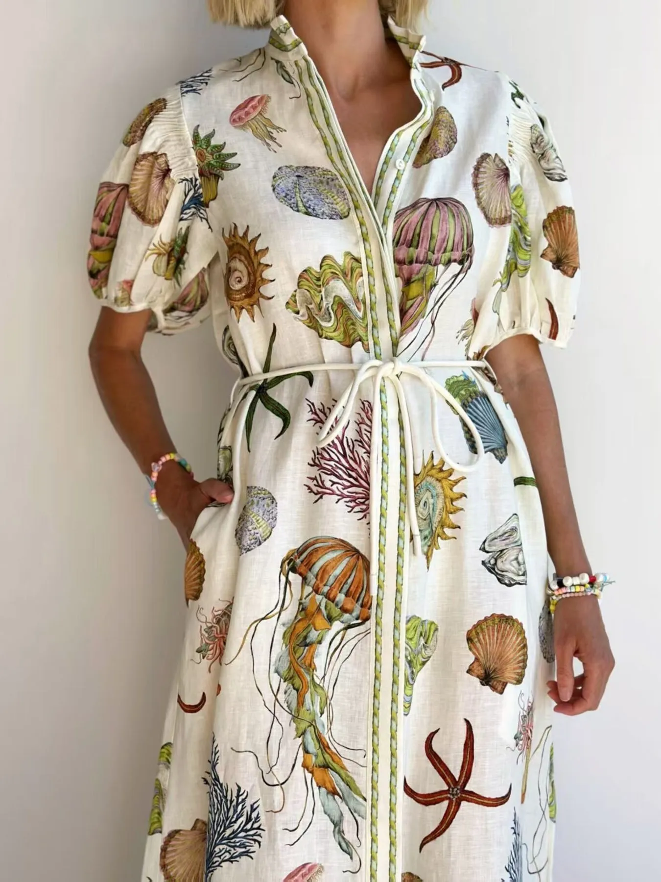 Printed Short Sleeve Shirt Dress - Image 5