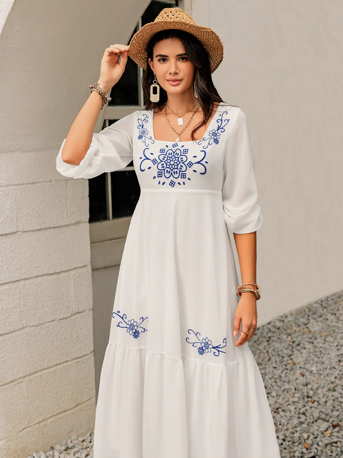 Printed Square Neck Balloon Sleeve Dress - Image 4