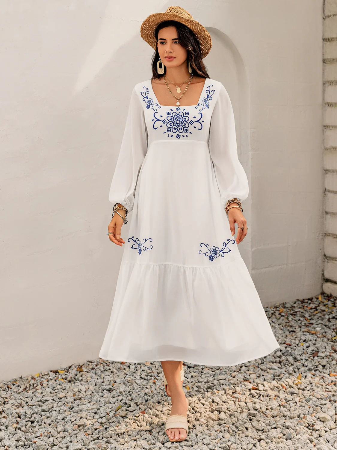 Printed Square Neck Balloon Sleeve Dress - Image 6
