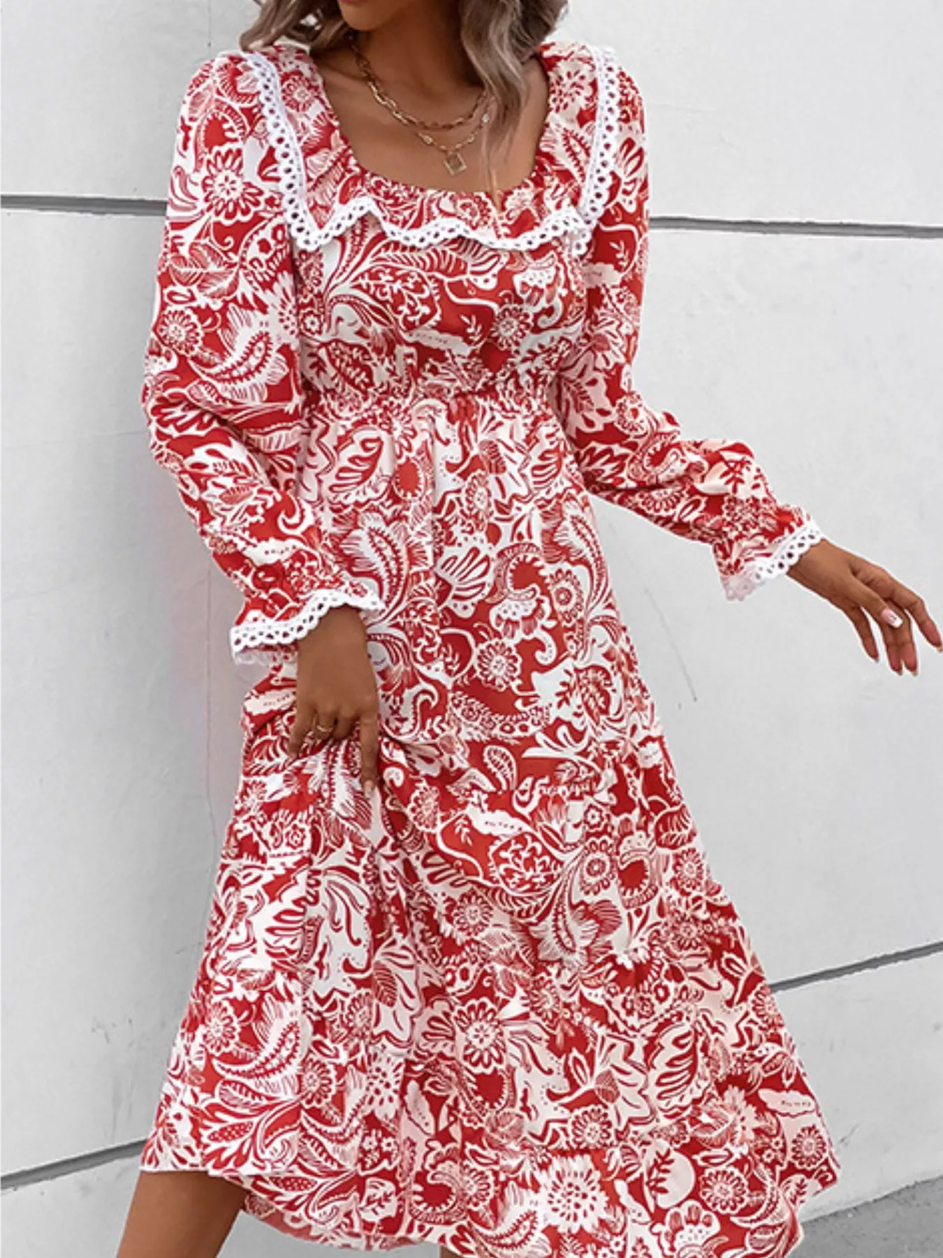 Printed Square Neck Long Sleeve Dress - Image 2