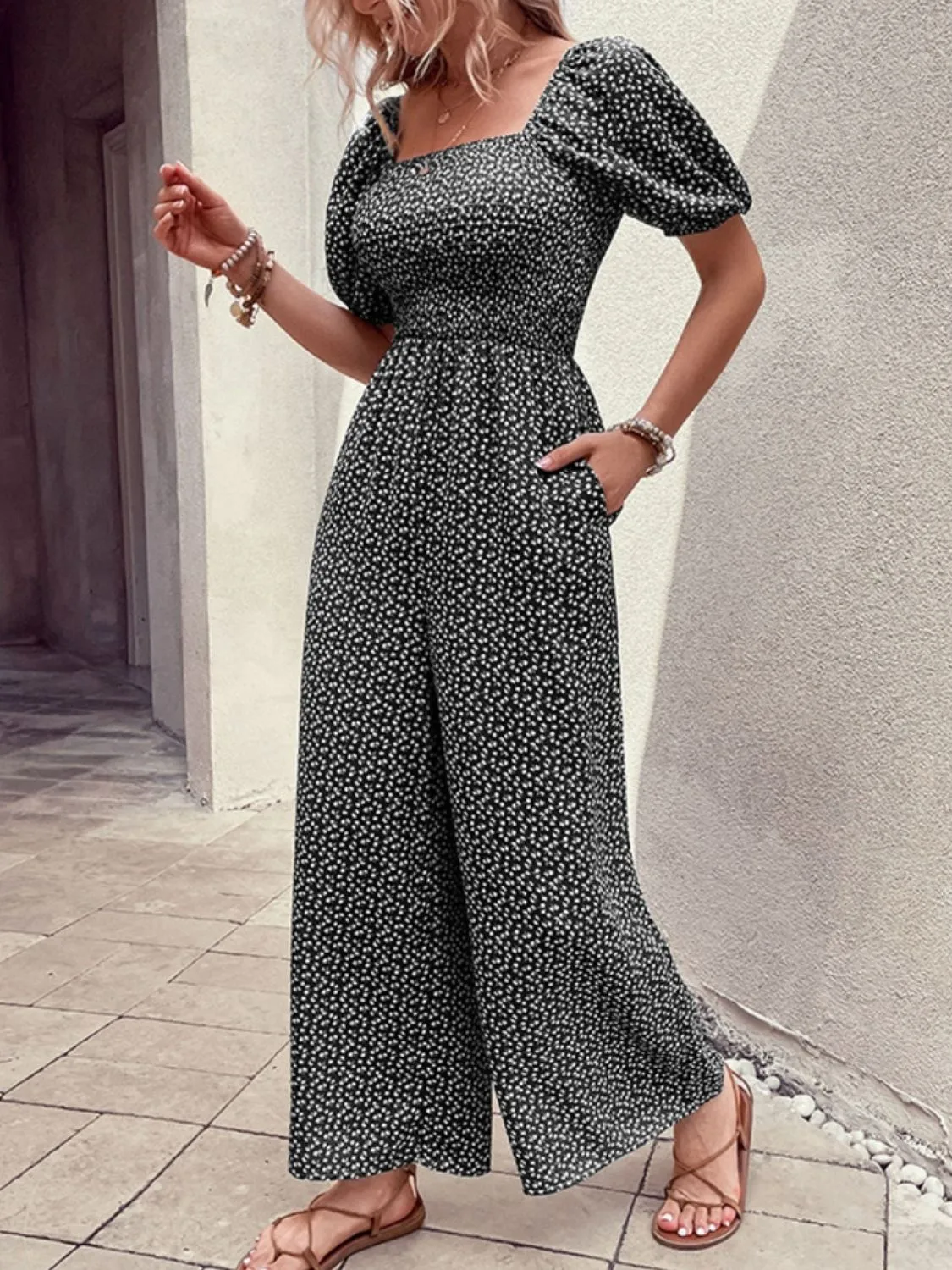 Printed Square Neck Puff Sleeve Jumpsuit - Image 13