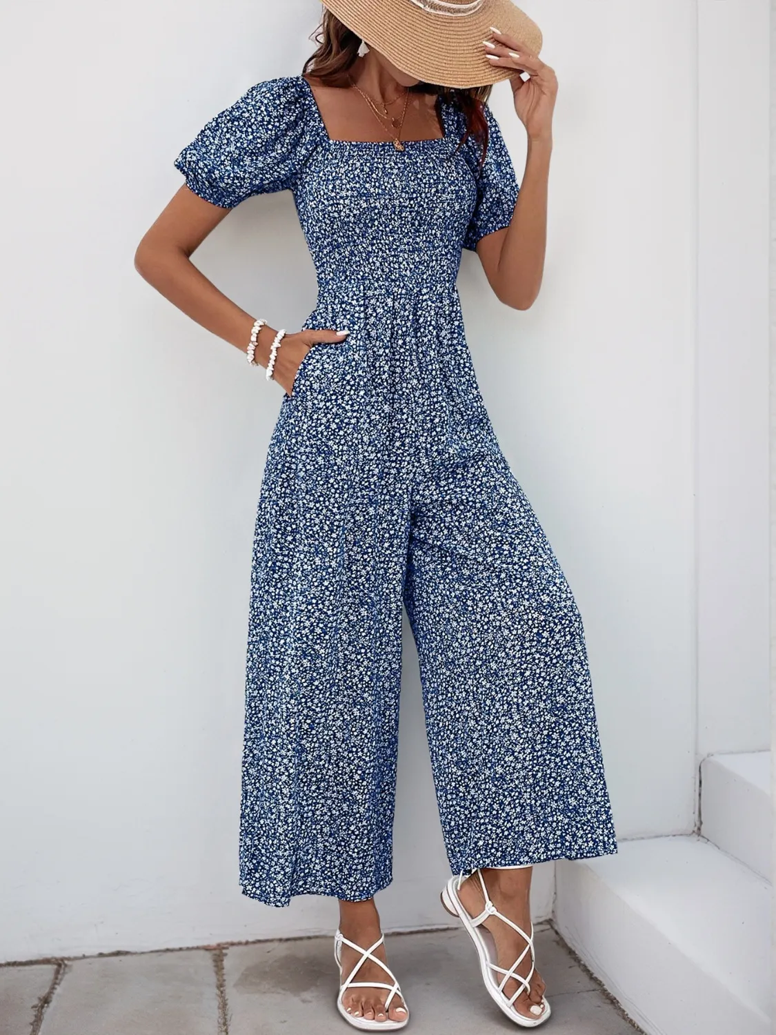Printed Square Neck Puff Sleeve Jumpsuit - Image 35