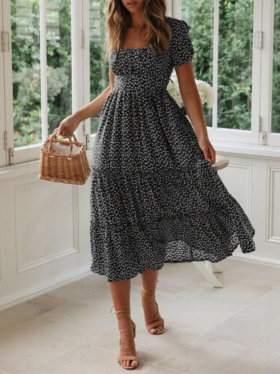 Printed Square Neck Short Sleeve Midi Dress - Image 6