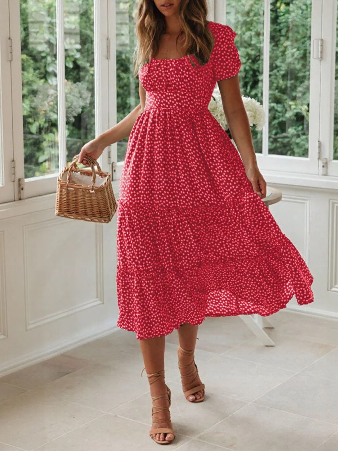 Printed Square Neck Short Sleeve Midi Dress - Image 9