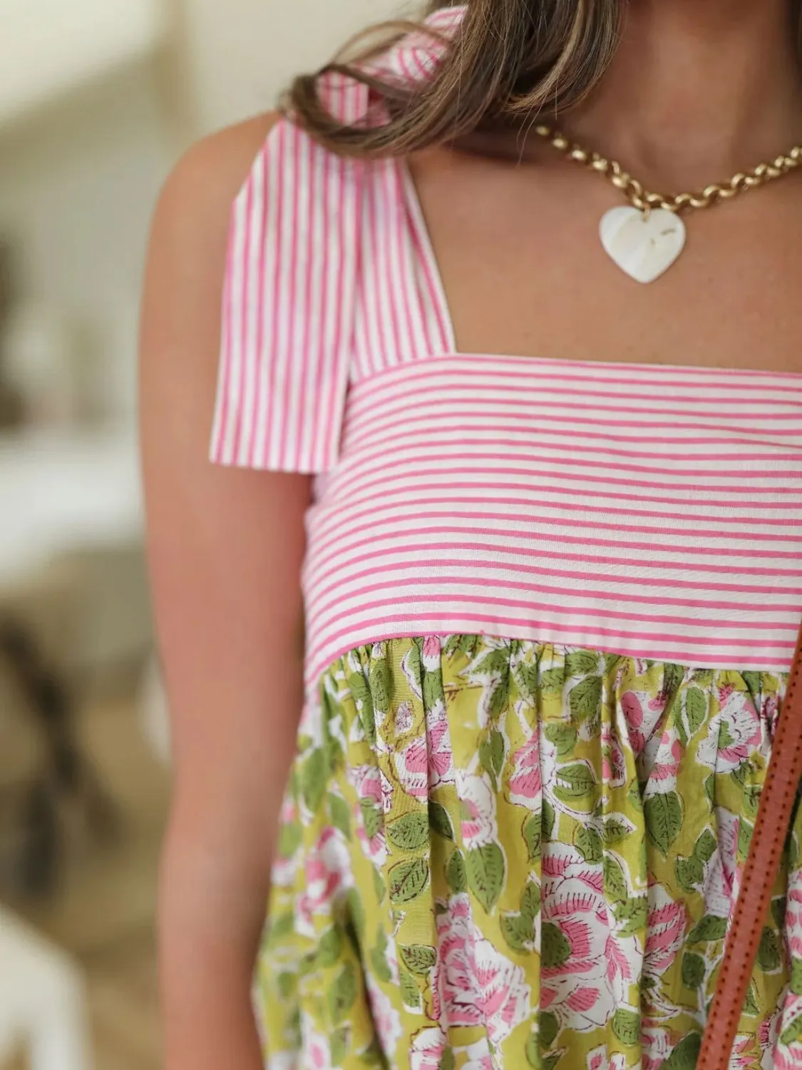 Printed Square Neck Tie Shoulder Mini Dress - Image 3