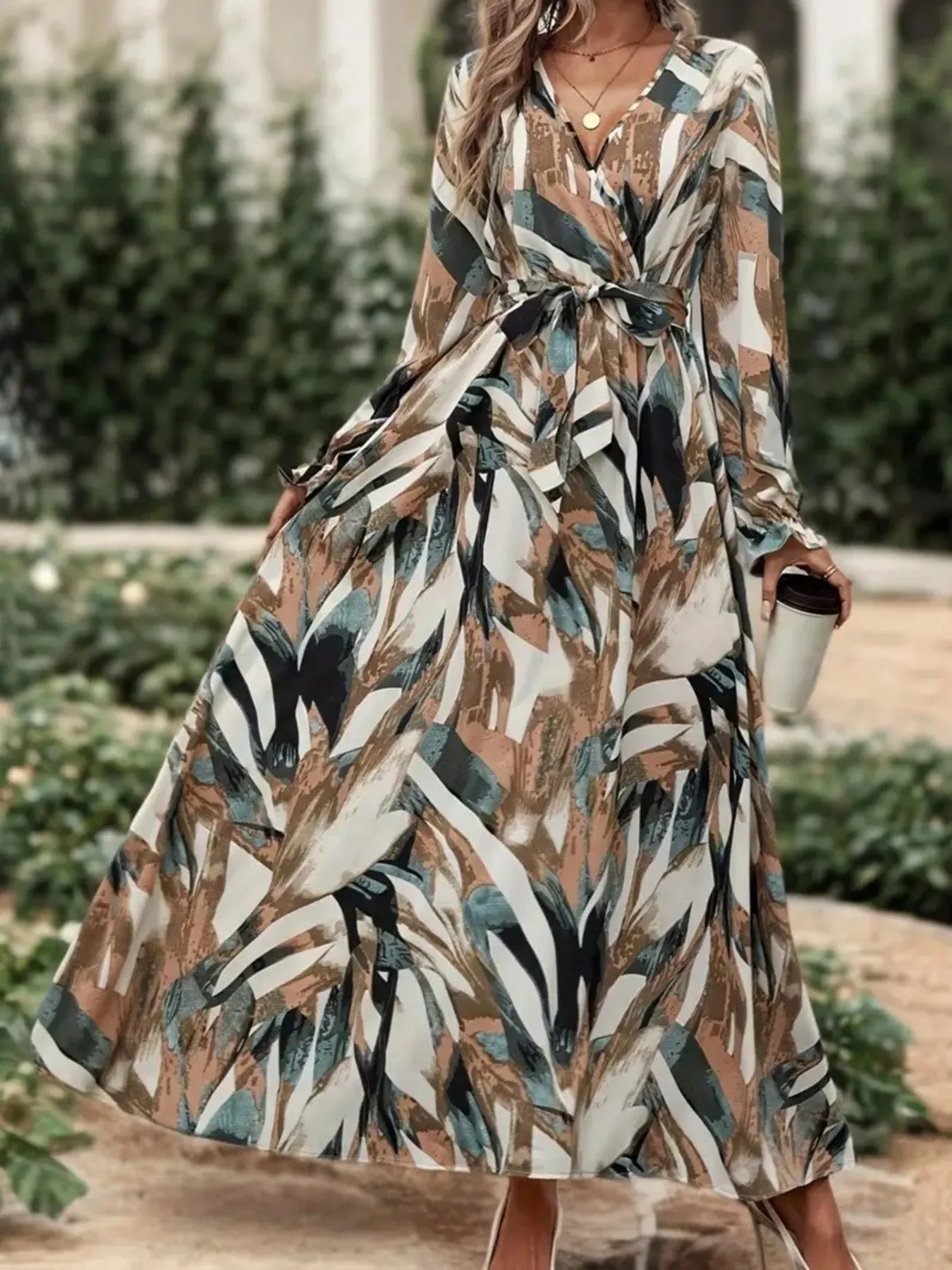Printed Surplice Flounce Sleeve Maxi Dress - Image 5