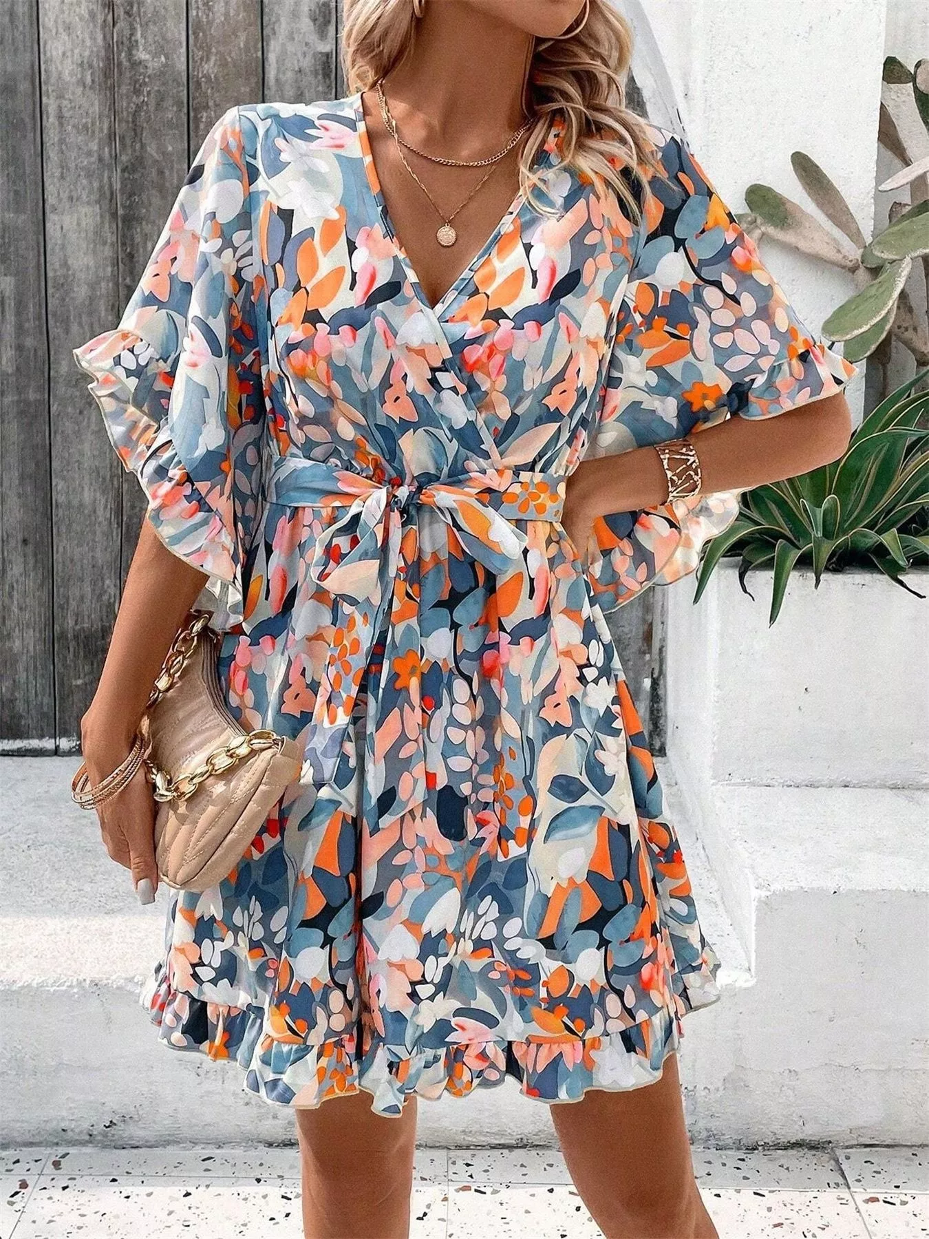 Printed Surplice Half Sleeve Dress - Image 2