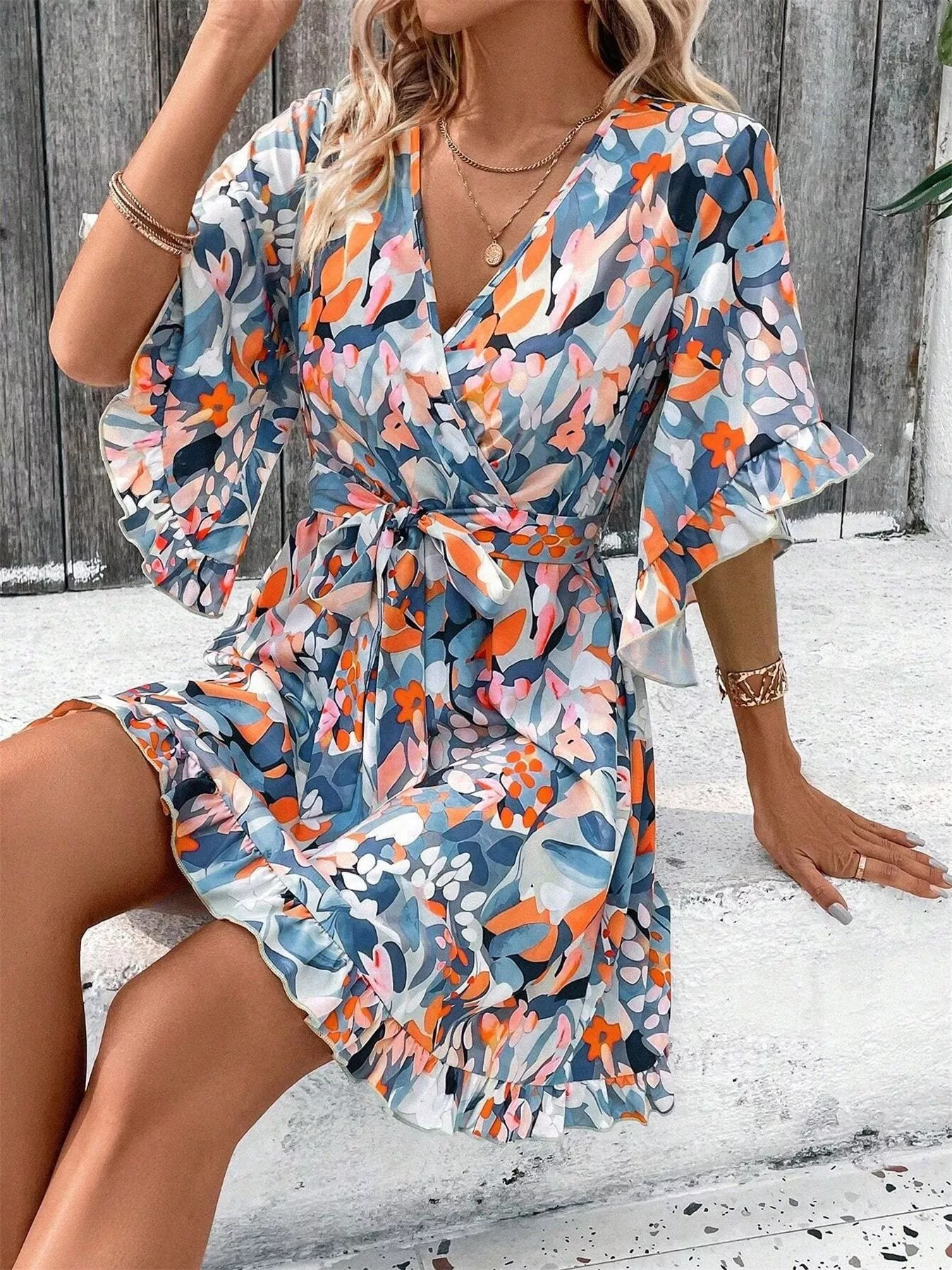 Printed Surplice Half Sleeve Dress - Image 3