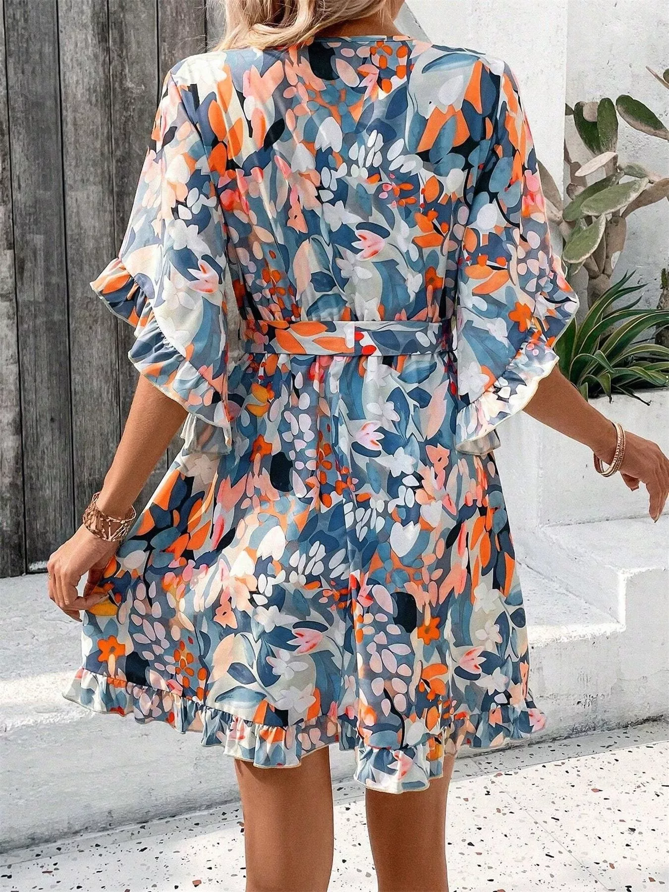 Printed Surplice Half Sleeve Dress - Image 4
