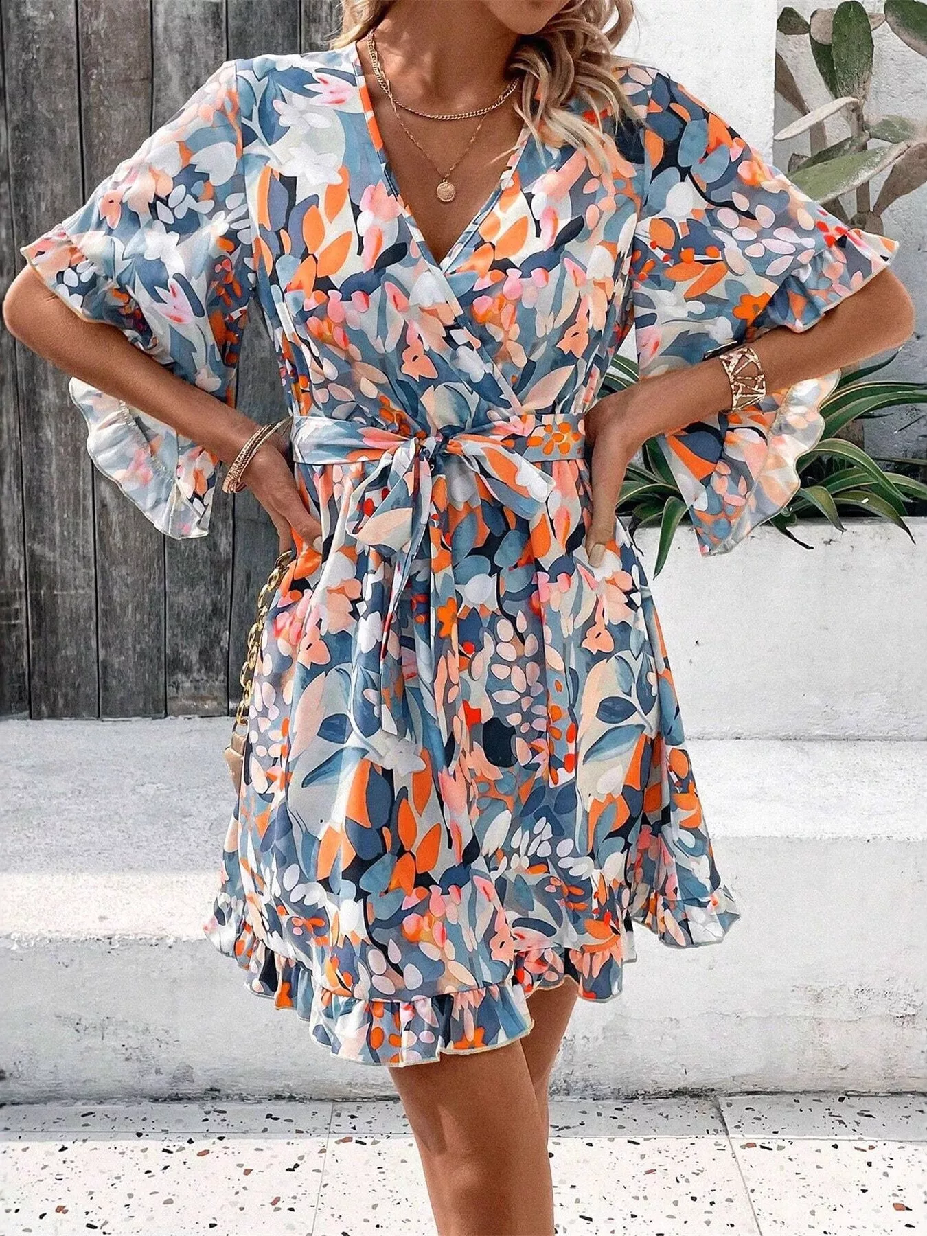 Printed Surplice Half Sleeve Dress - Image 5