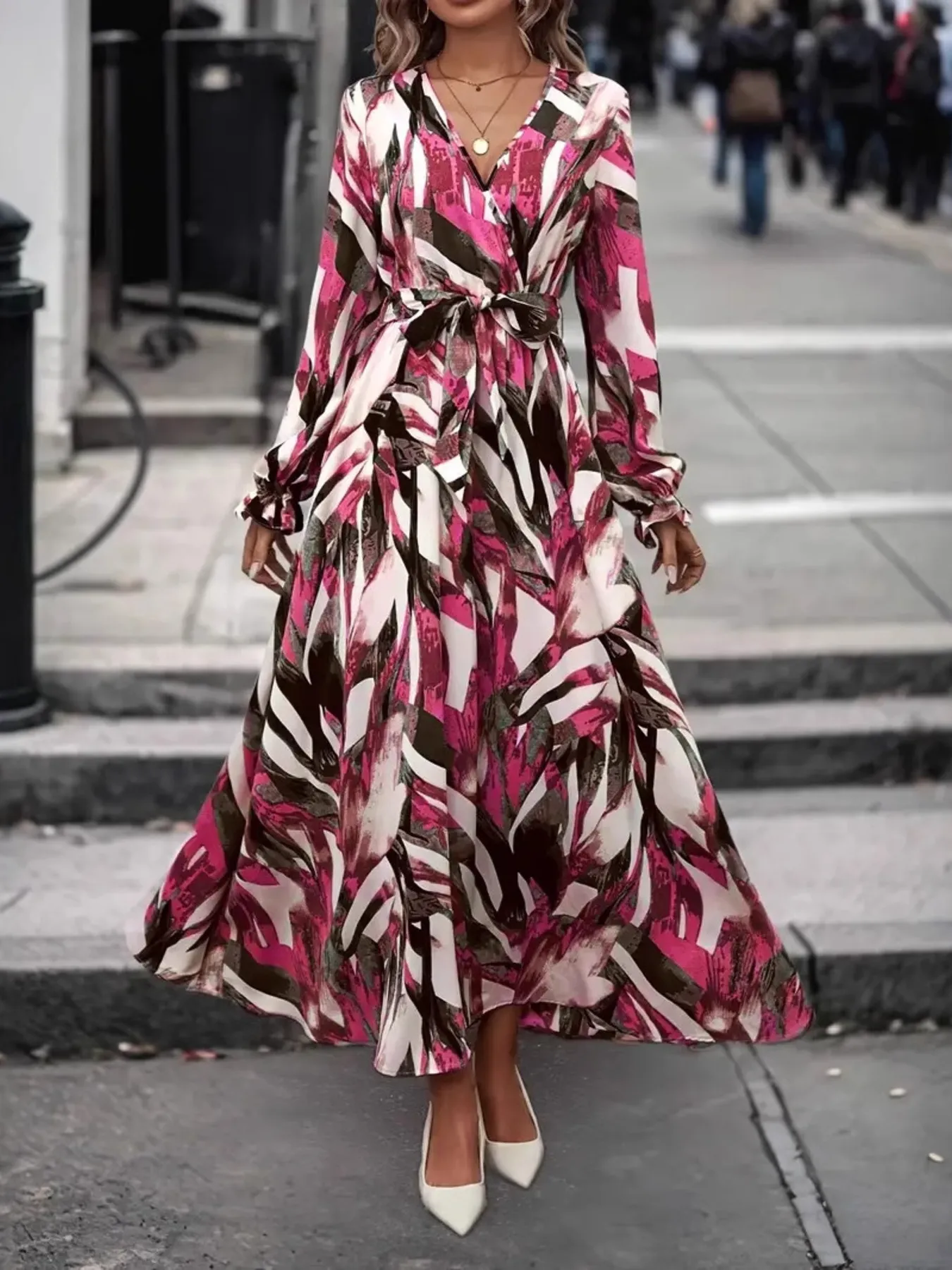 Printed Surplice Long Sleeve Maxi Dress - Image 8