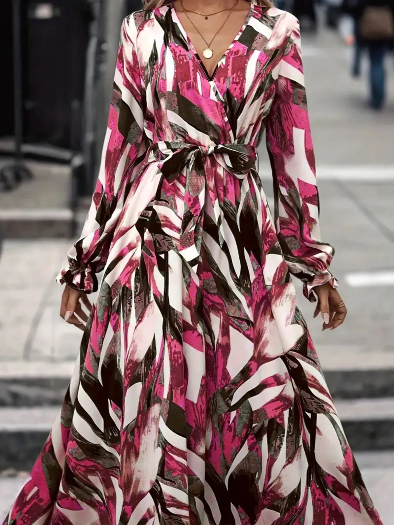 Printed Surplice Long Sleeve Maxi Dress - Image 9