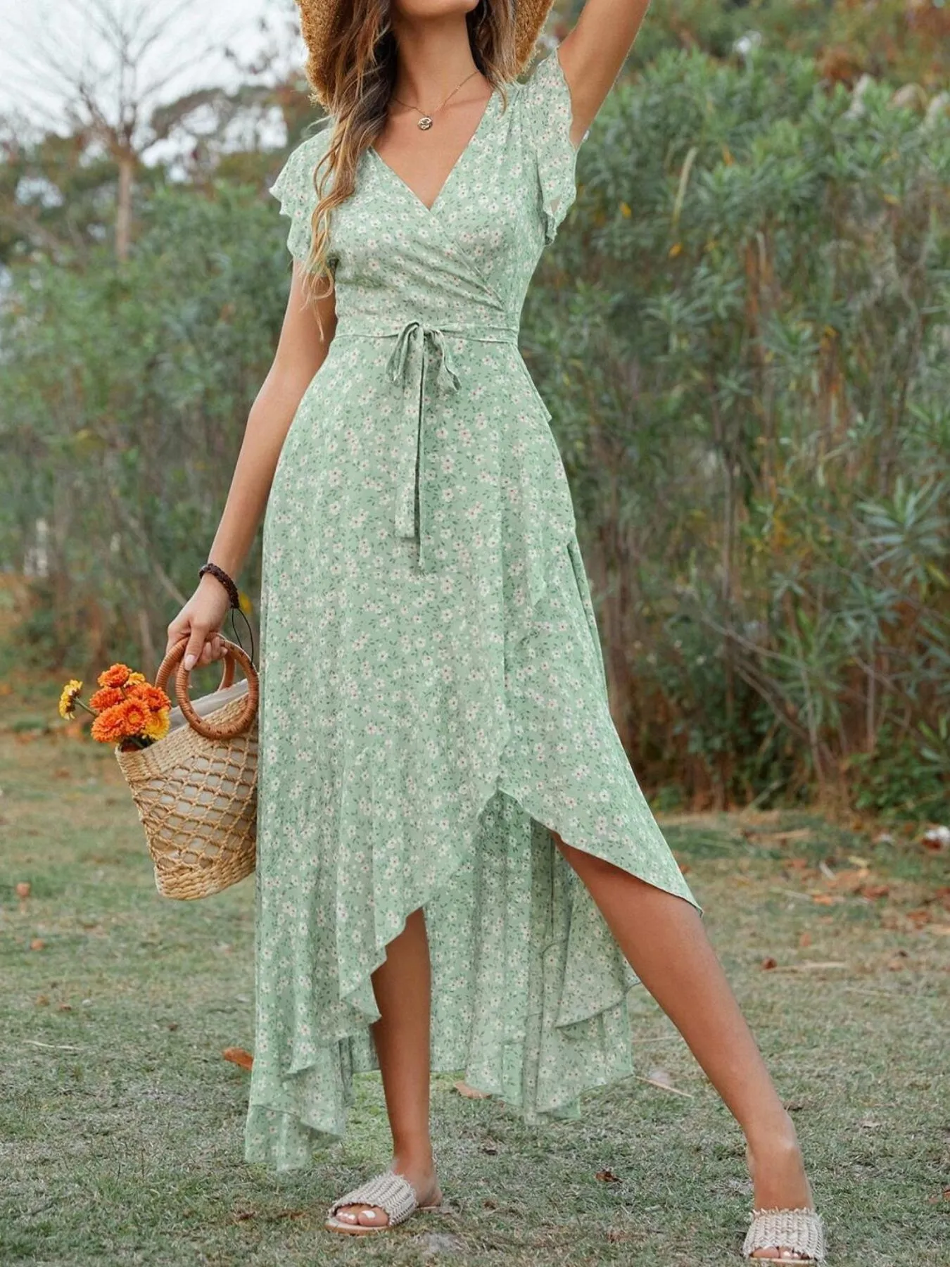 Printed Surplice Ruffle Sleeve Dress - Image 3