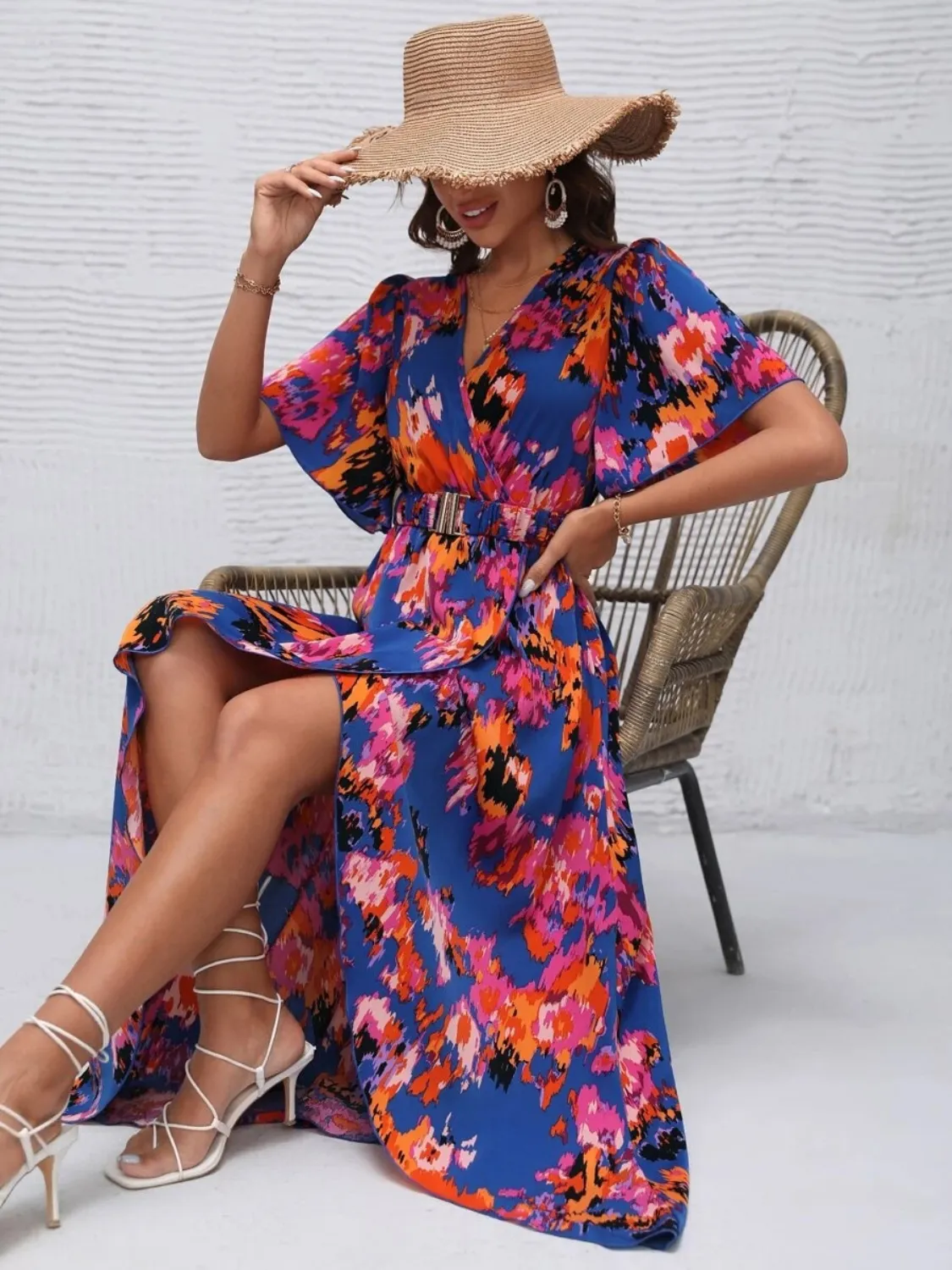 Printed Surplice Short Sleeve Maxi Dress - Image 12