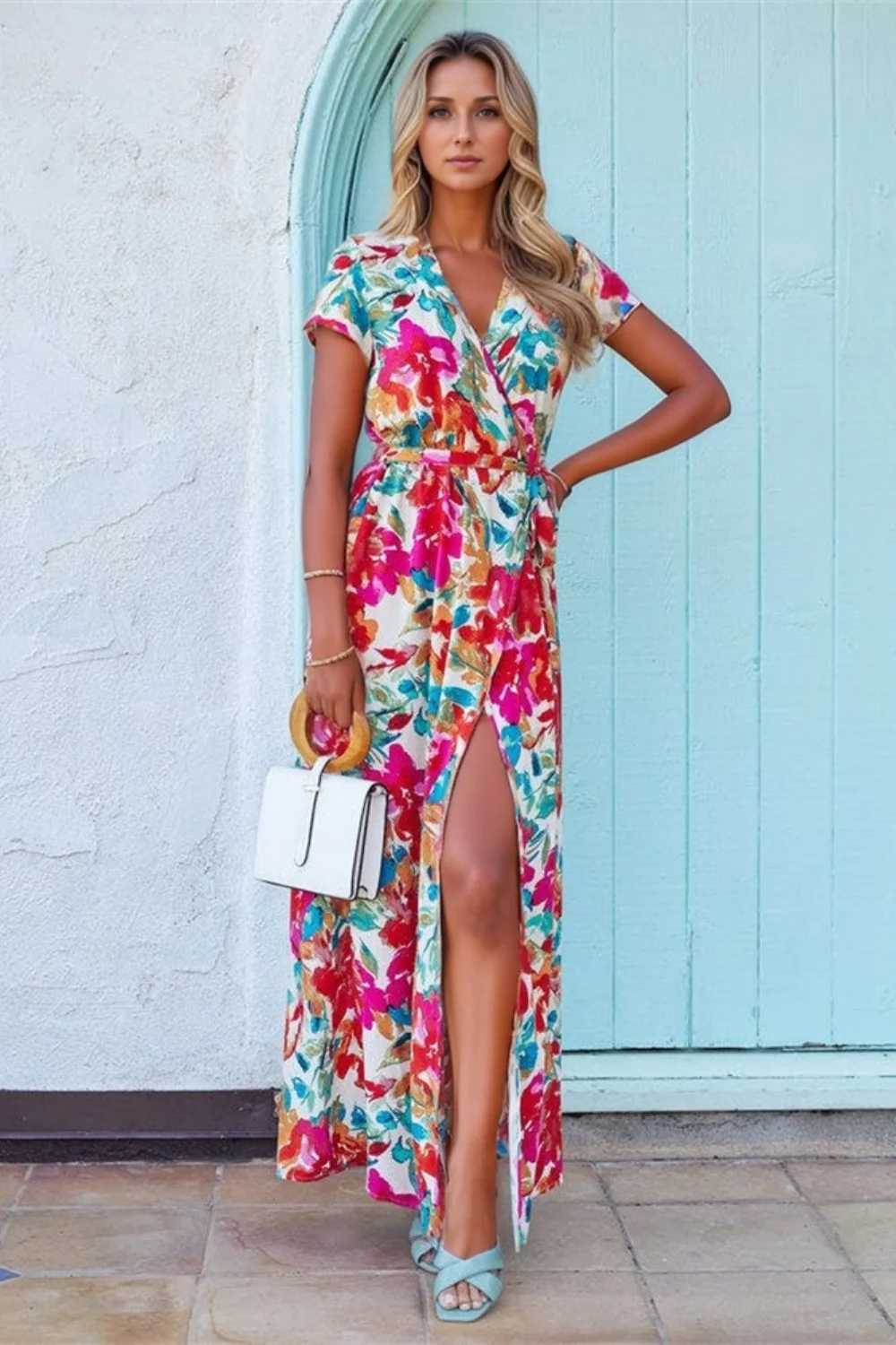 Printed Surplice Short Sleeve Tie Waist Maxi Dress - Image 2