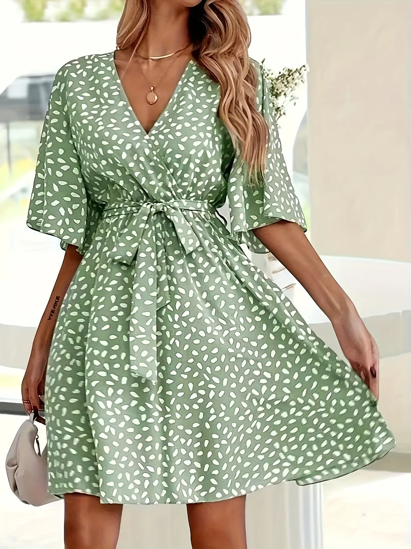 Printed Surplice Tie Waist Dress - Image 4