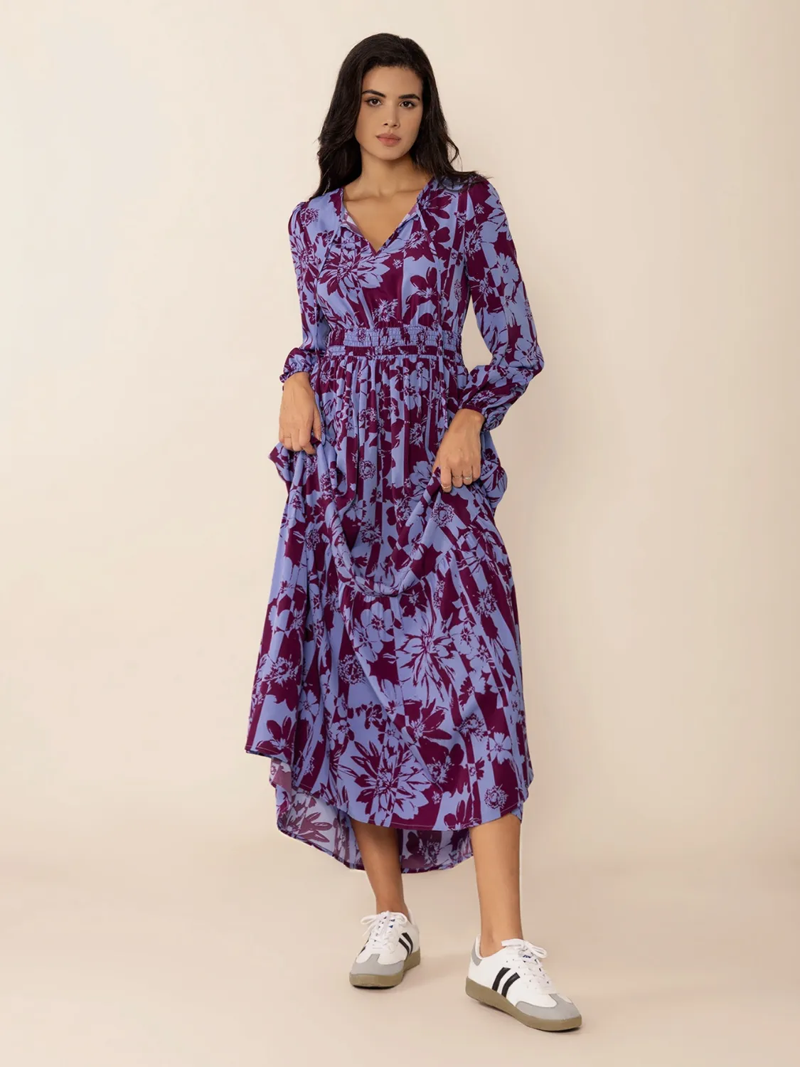Printed Tie Neck Balloon Sleeve Maxi Dress - Image 3