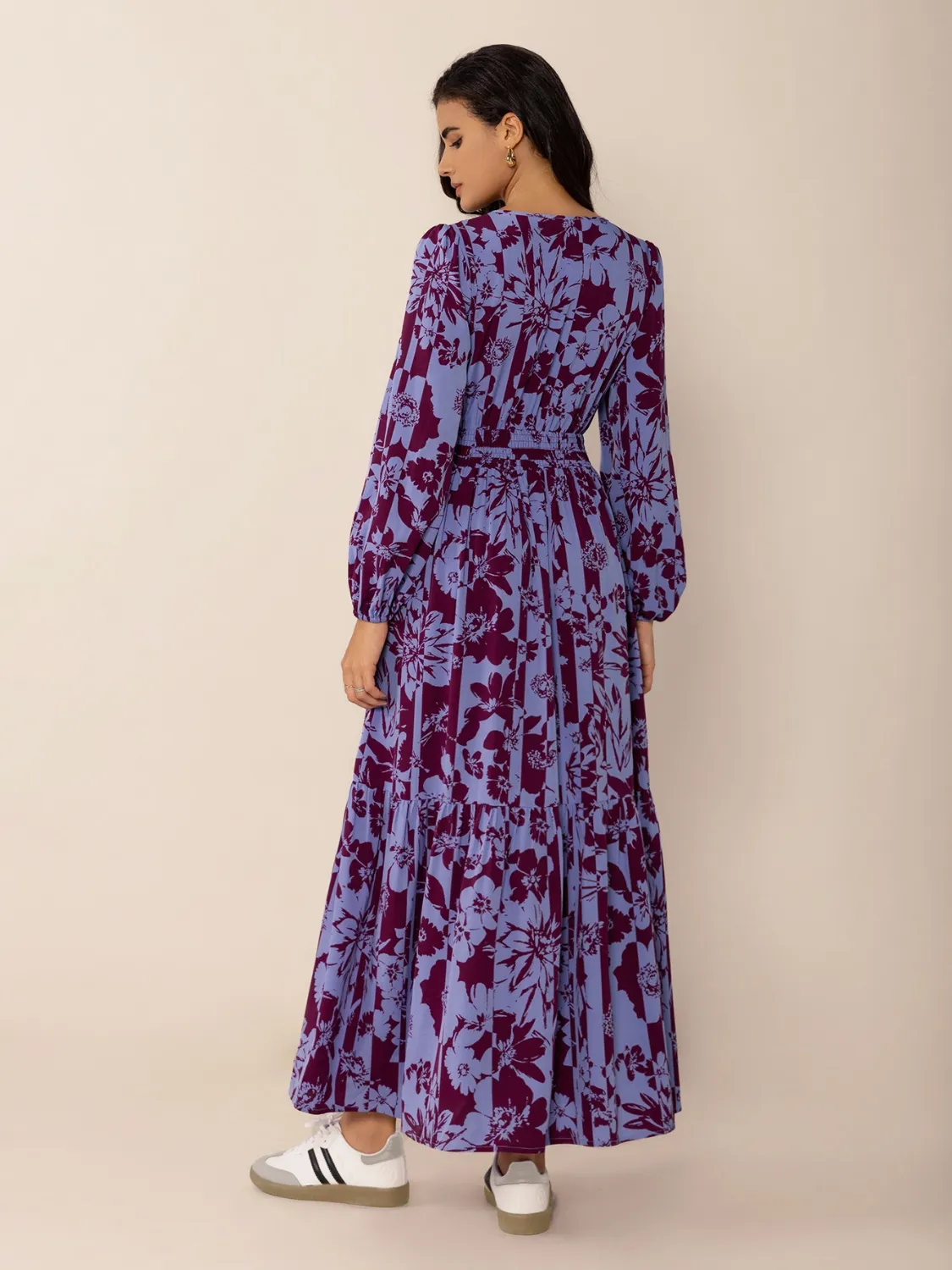 Printed Tie Neck Balloon Sleeve Maxi Dress - Image 5