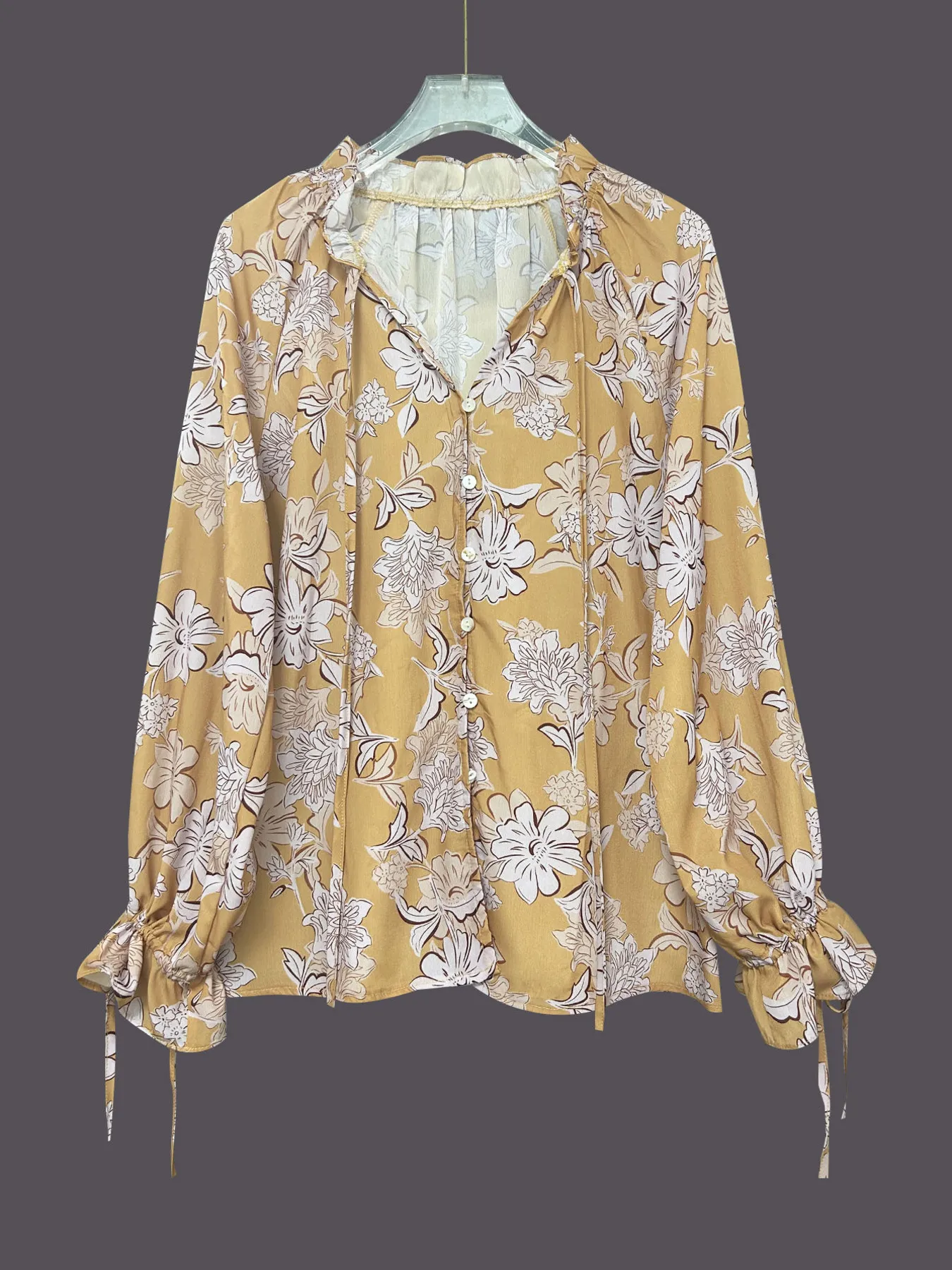 Printed Tie Neck Flounce Sleeve Blouse - Image 5