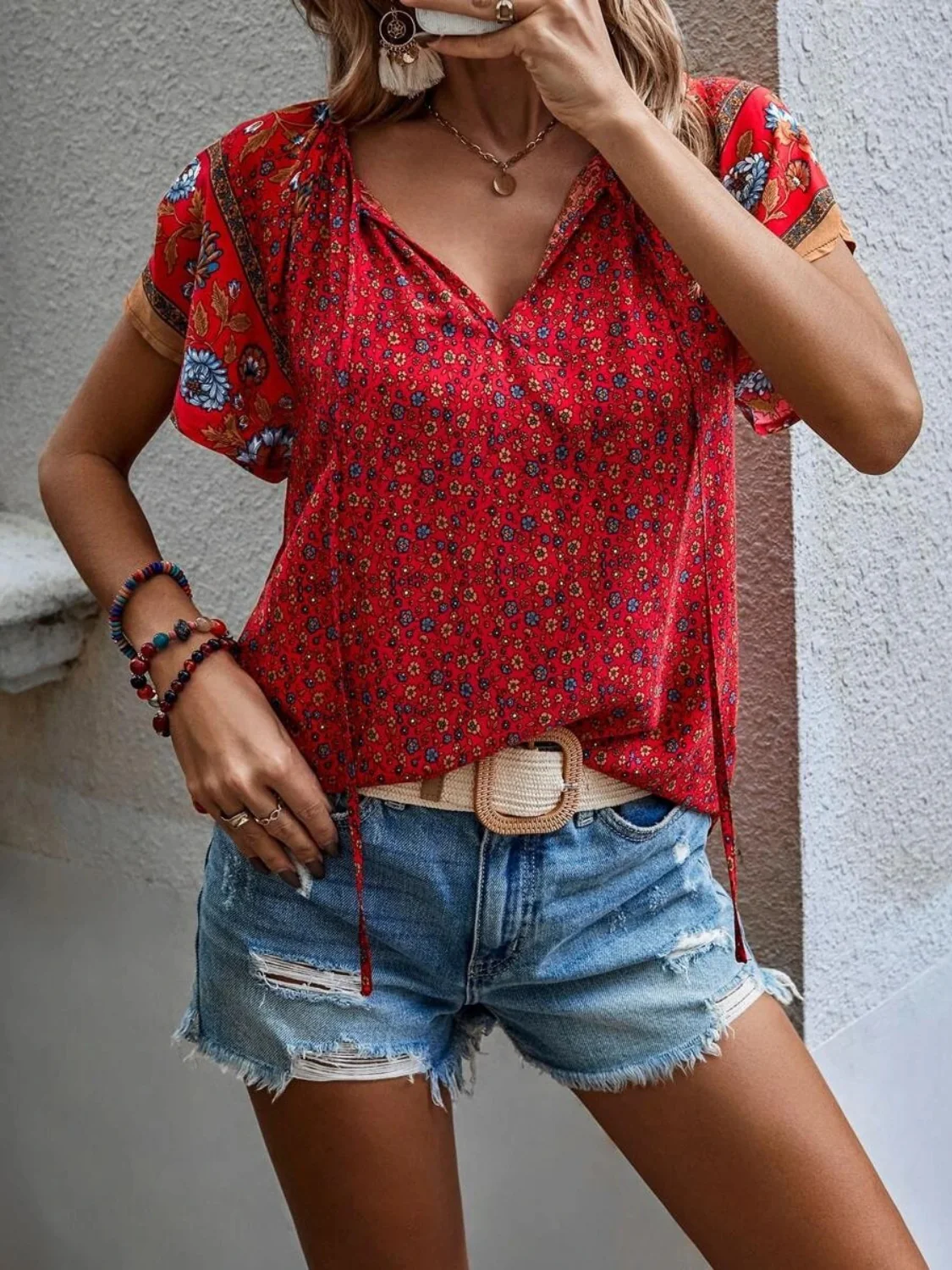 Printed Tie Neck Short Sleeve Blouse - Image 11