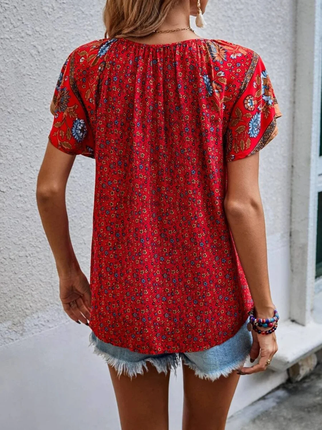 Printed Tie Neck Short Sleeve Blouse - Image 13