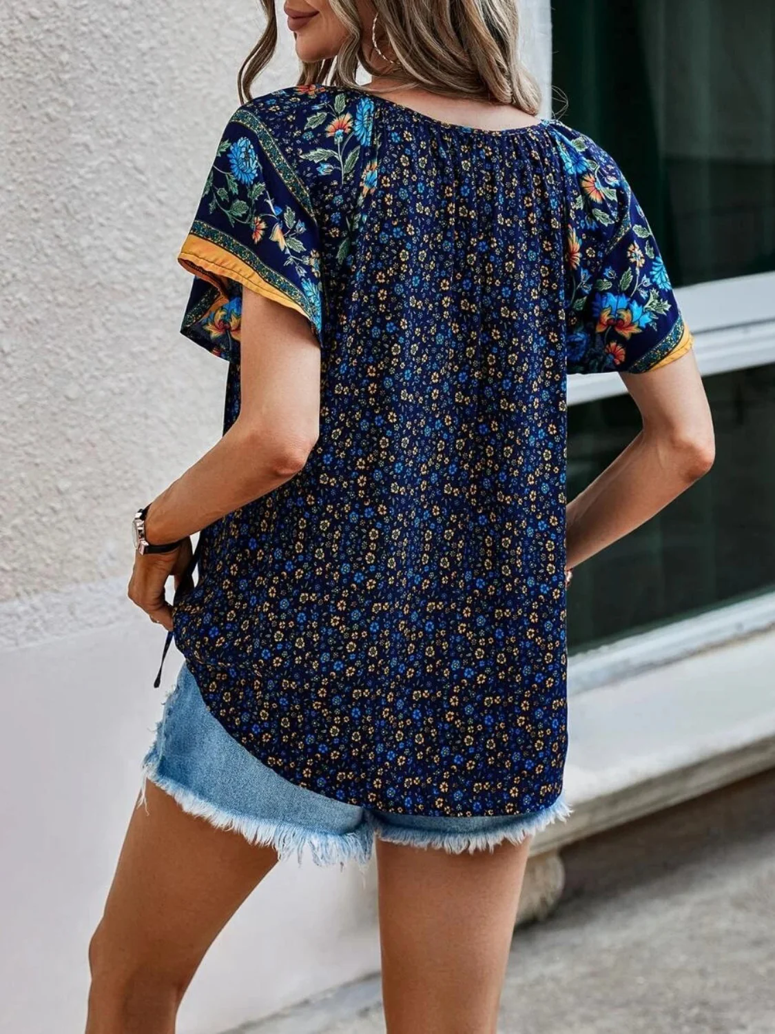 Printed Tie Neck Short Sleeve Blouse - Image 6