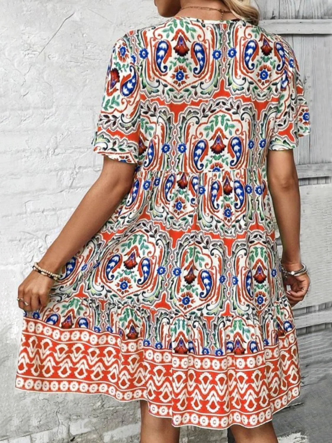 Printed Tie Neck Short Sleeve Dress - Image 8