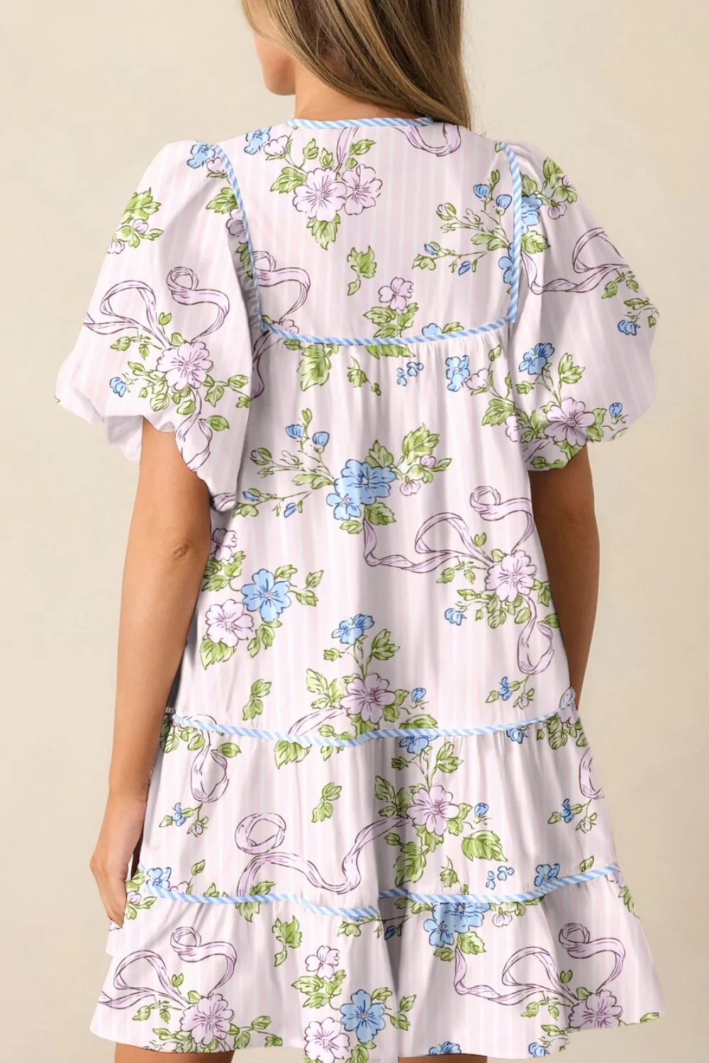 Printed Tie Neck Short Sleeve Mini Dress - Image 3