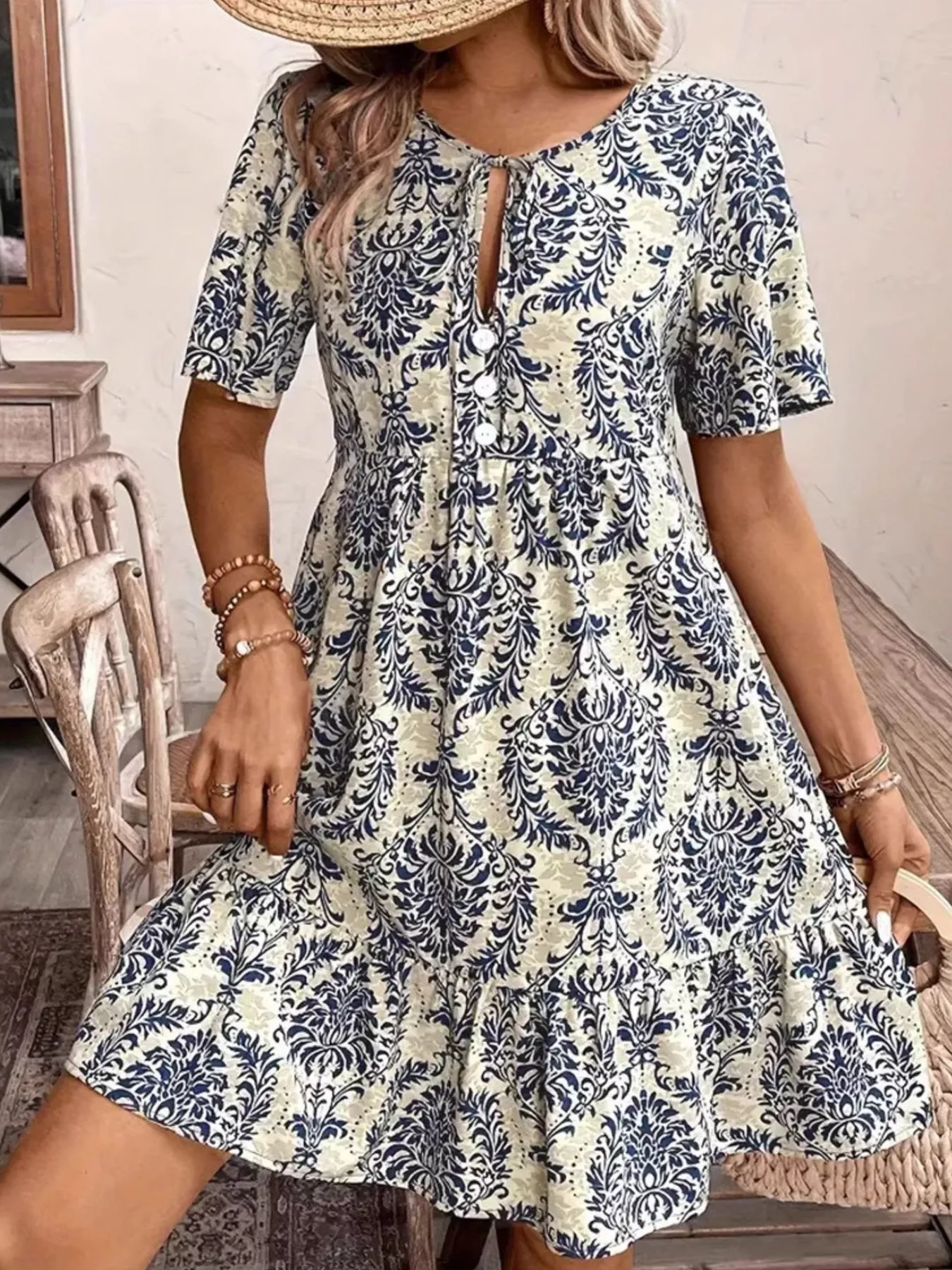 Printed Tie Neck Short Sleeve Mini Dress