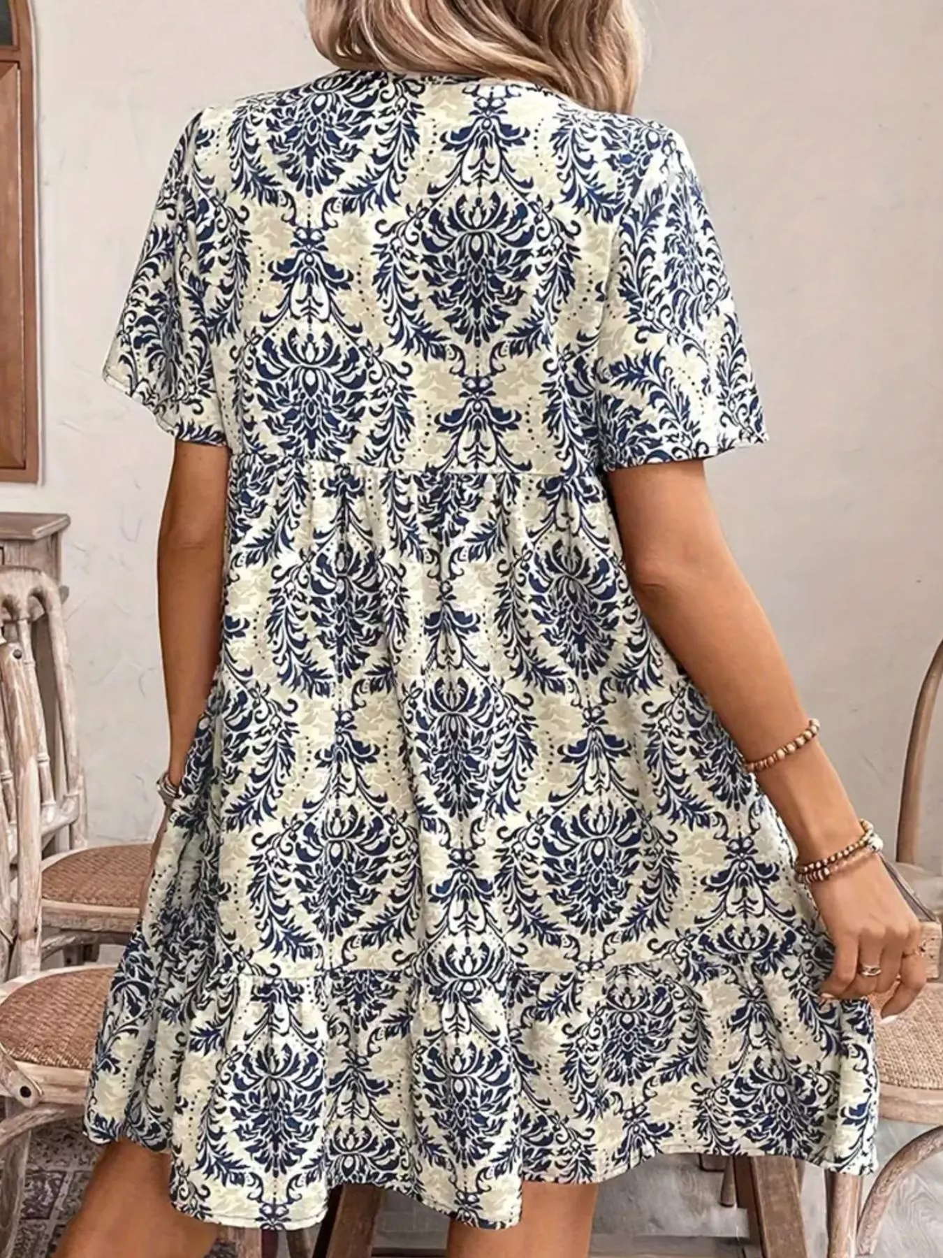 Printed Tie Neck Short Sleeve Mini Dress - Image 3