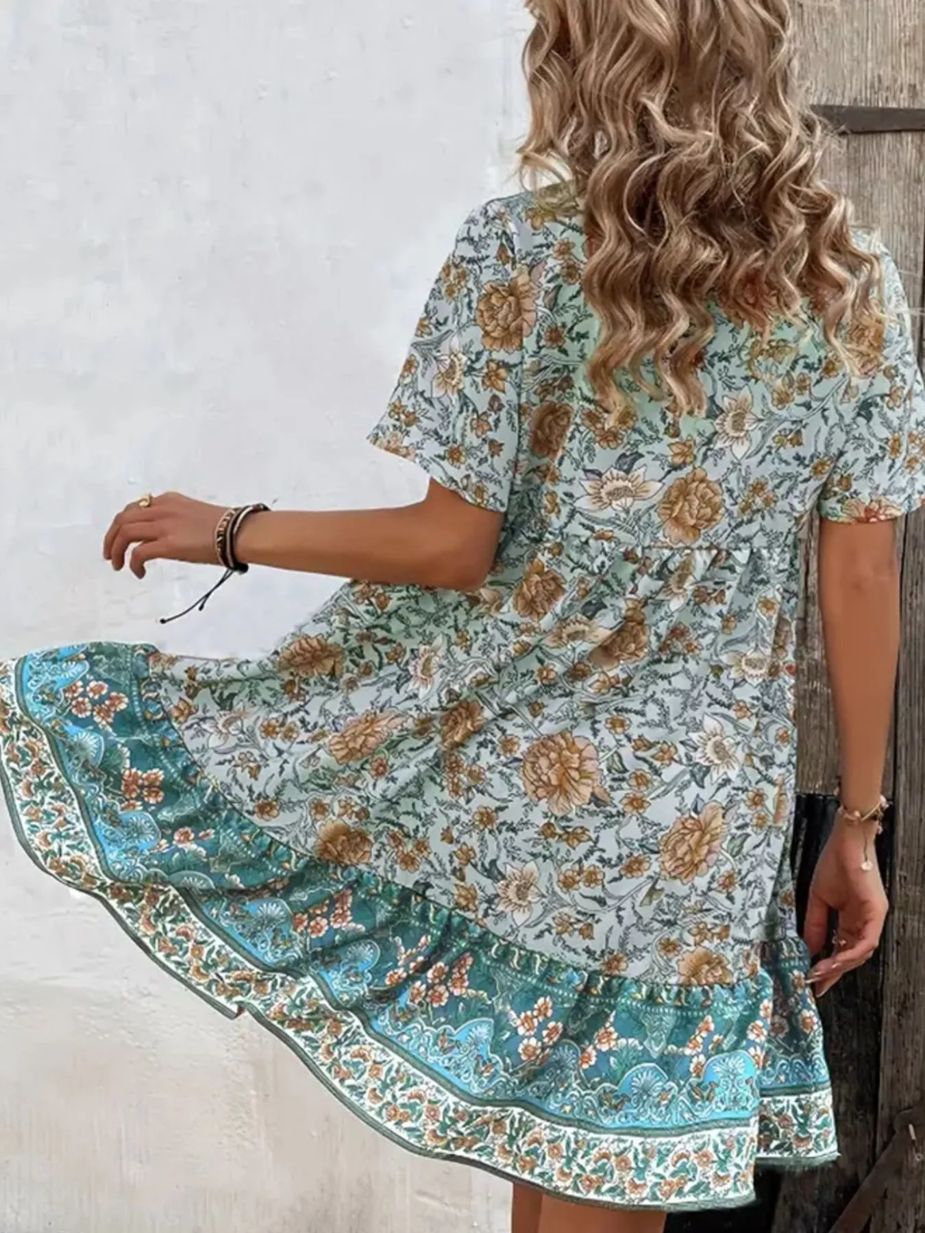 Printed Tie Neck Short Sleeve Mini Dress - Image 6