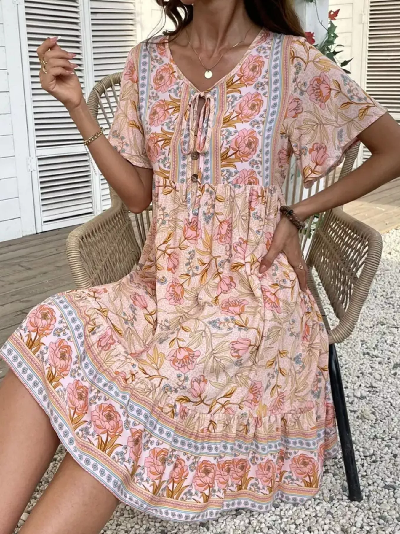 Printed Tie Neck Short Sleeve Mini Dress - Image 7