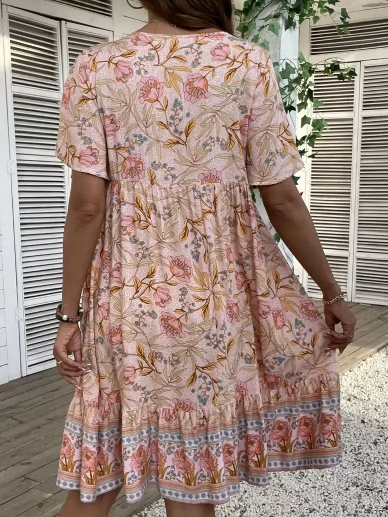Printed Tie Neck Short Sleeve Mini Dress - Image 9