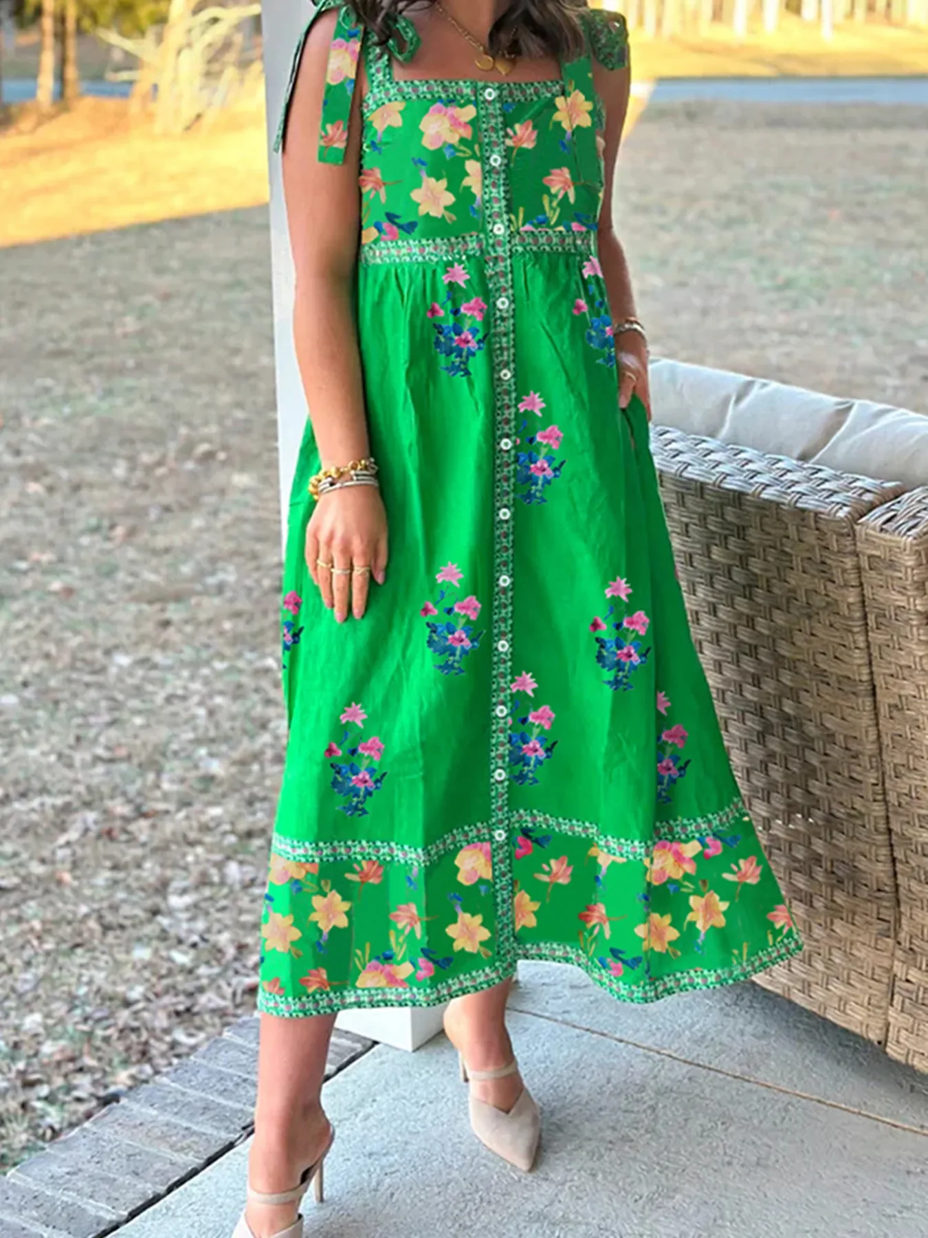 Printed Tie Shoulder Midi Dress - Image 2