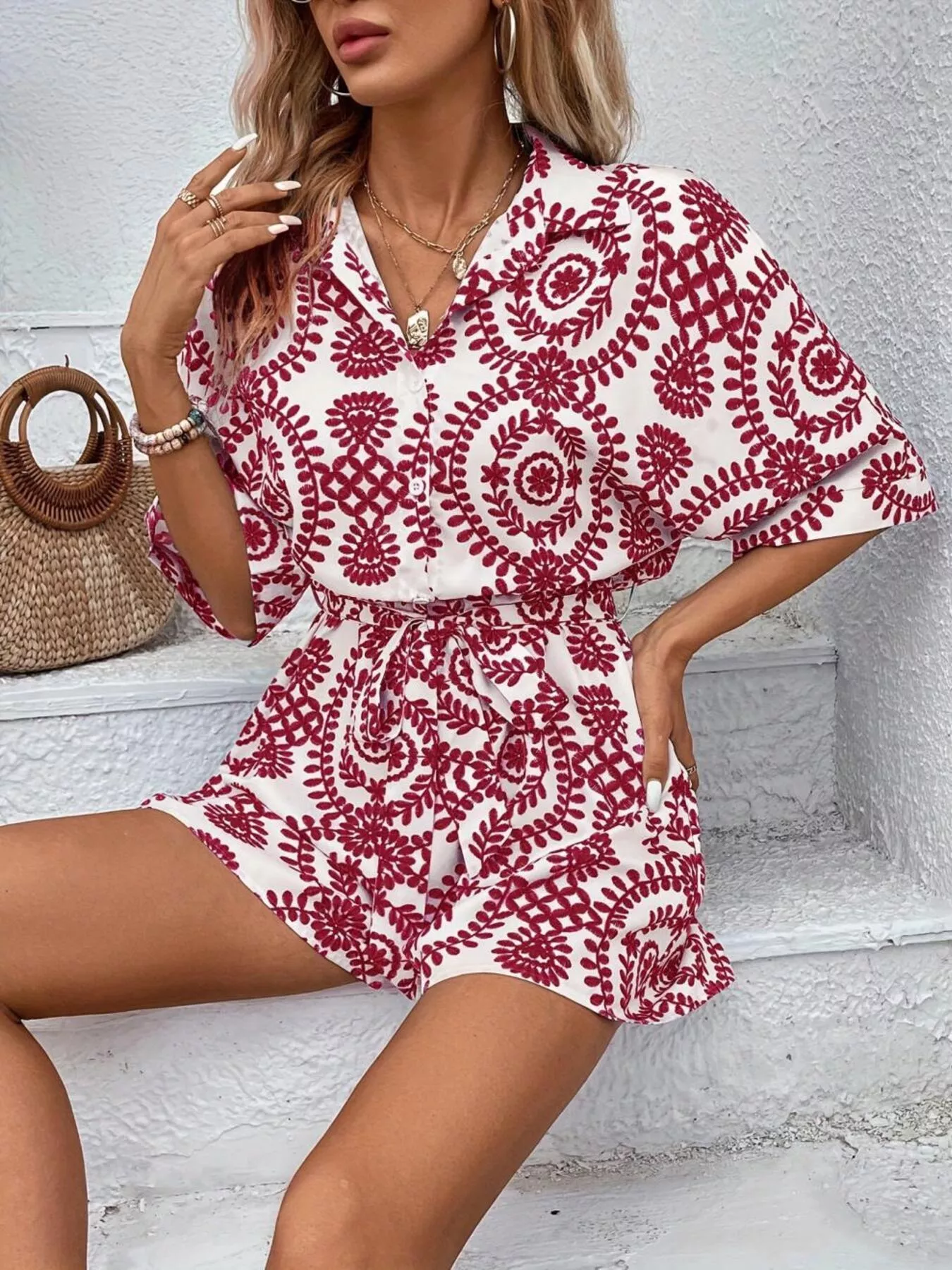 Printed Tie Waist Button Front Romper - Image 13