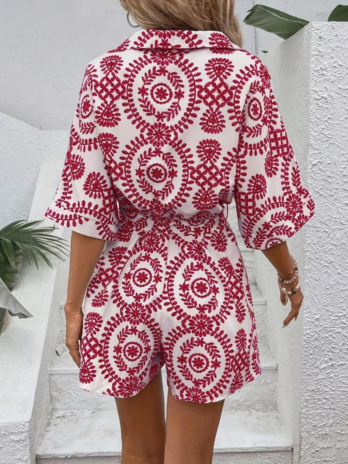 Printed Tie Waist Button Front Romper - Image 14