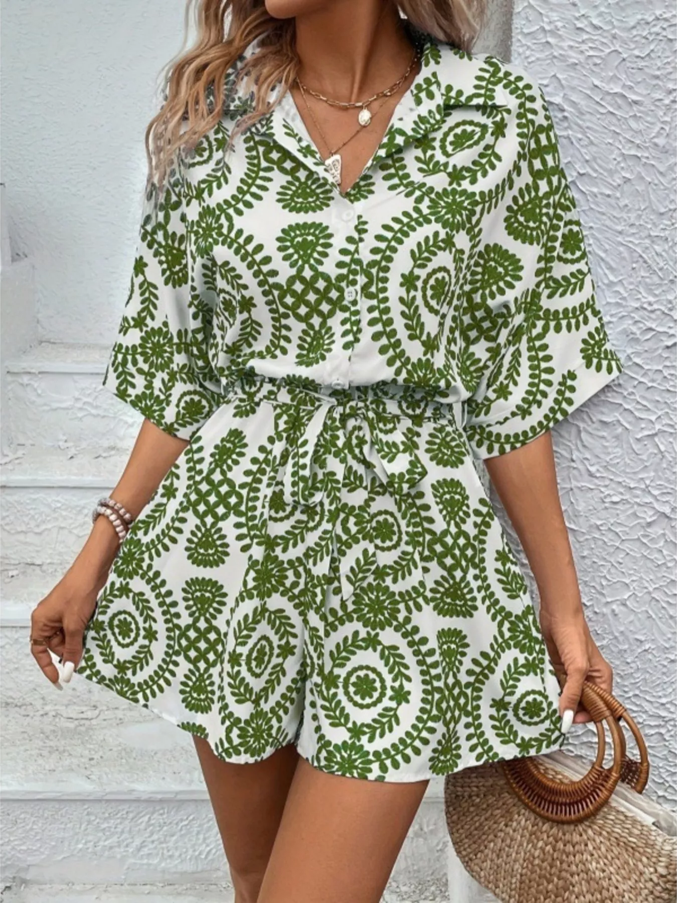 Printed Tie Waist Button Front Romper - Image 18