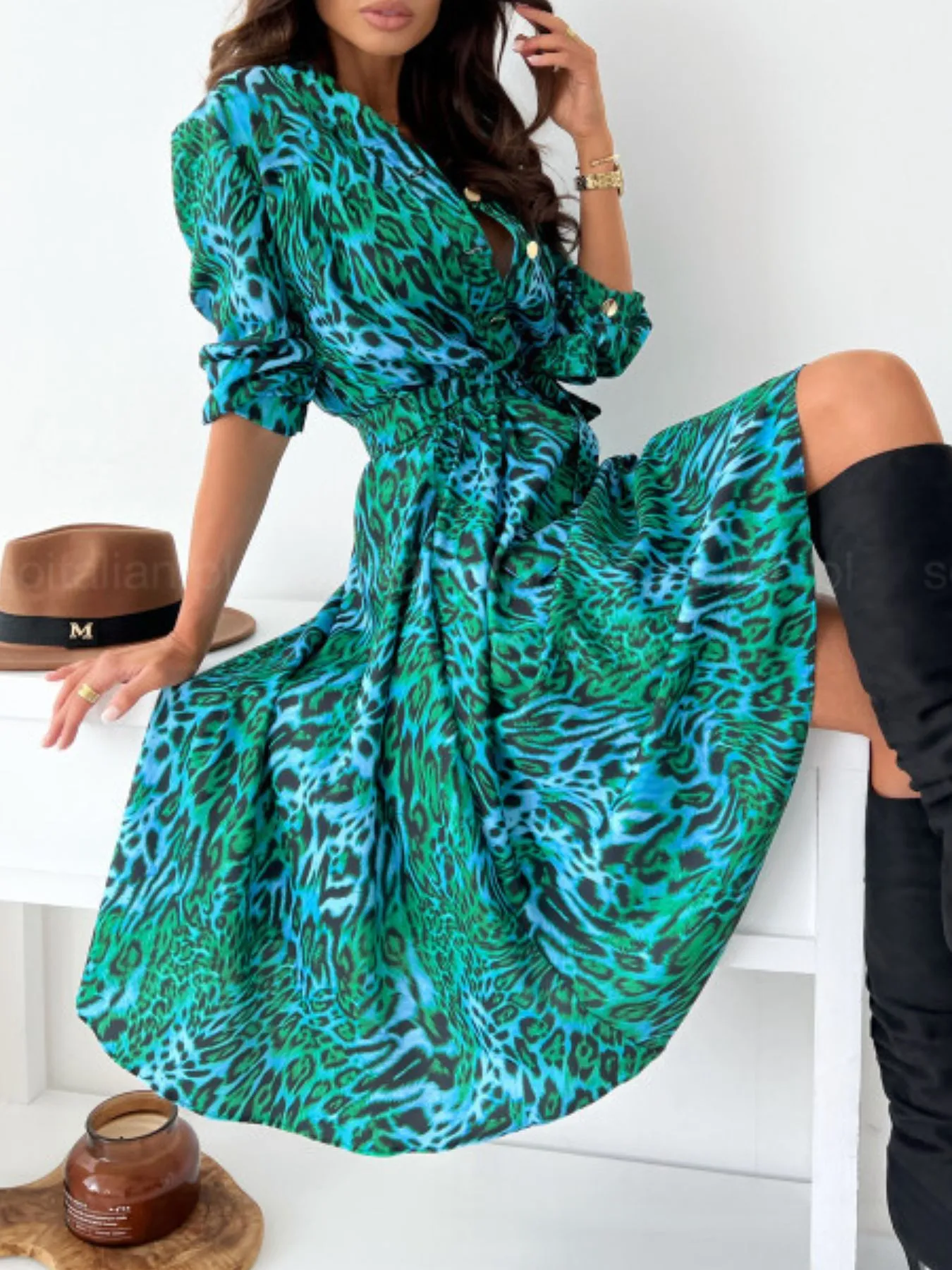 Printed Tie Waist Midi Dress - Image 5