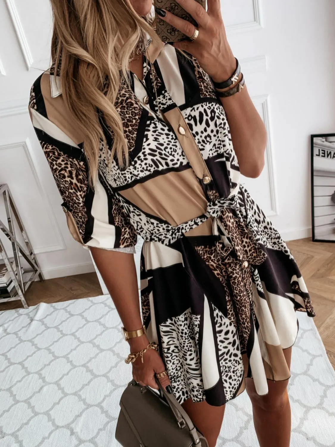 Printed Tie Waist Roll-Tab Sleeve Mini Dress - Image 3