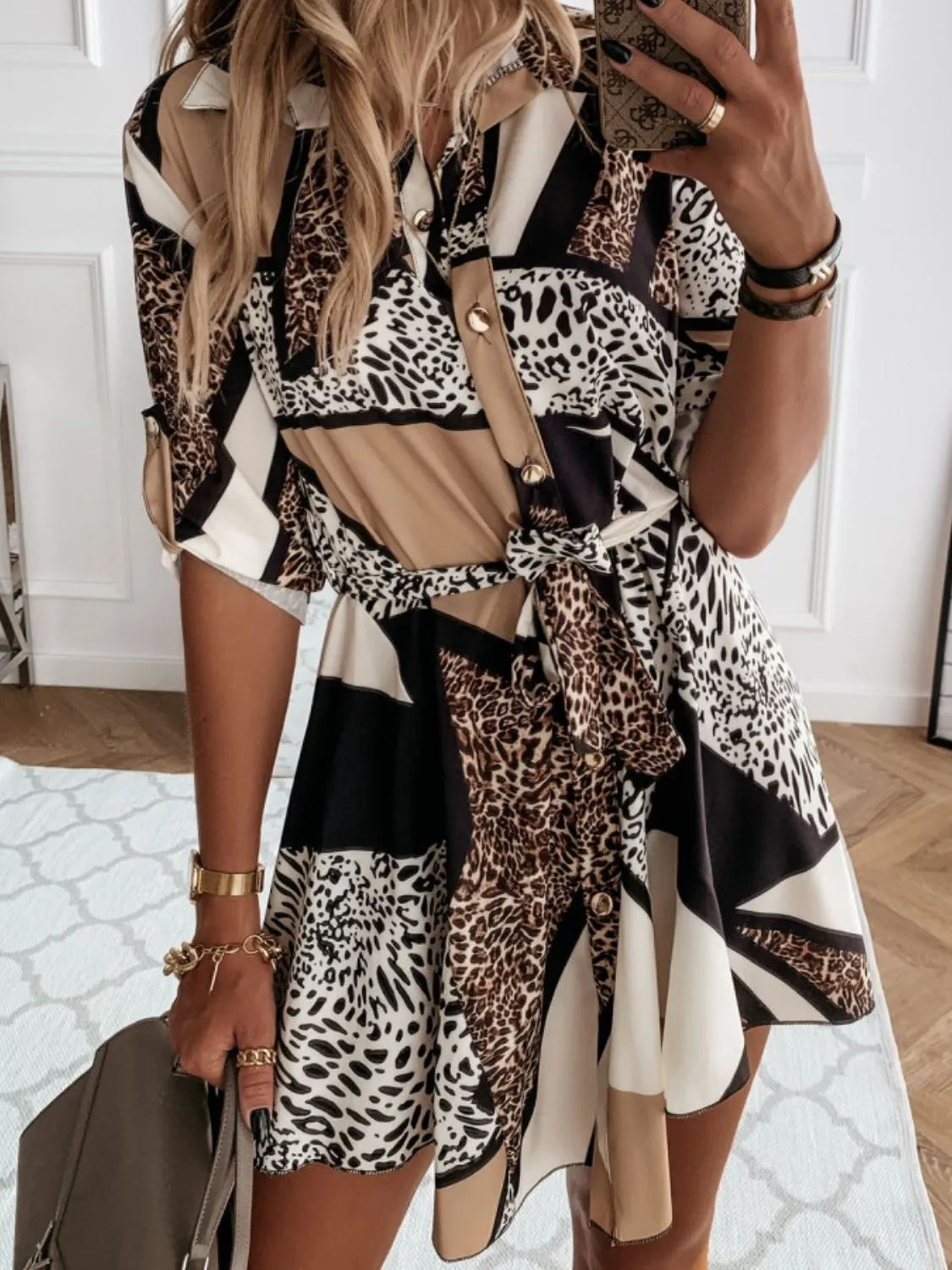 Printed Tie Waist Roll-Tab Sleeve Mini Dress - Image 4