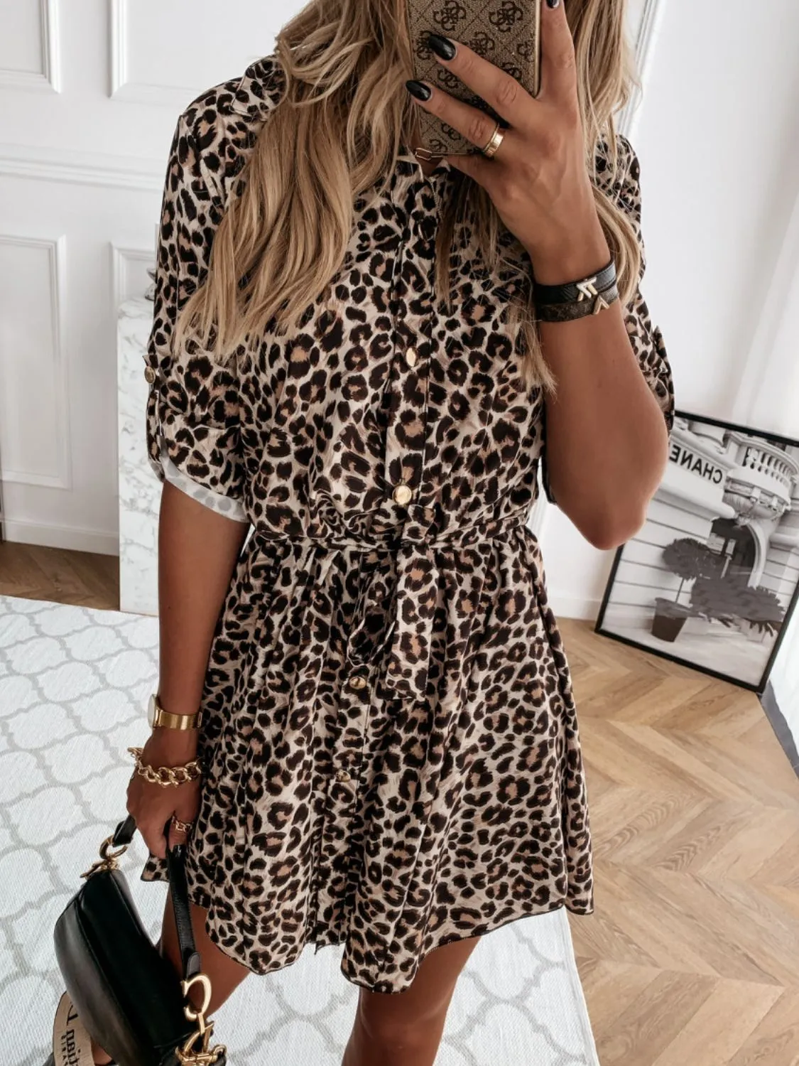 Printed Tie Waist Roll-Tab Sleeve Mini Dress - Image 5