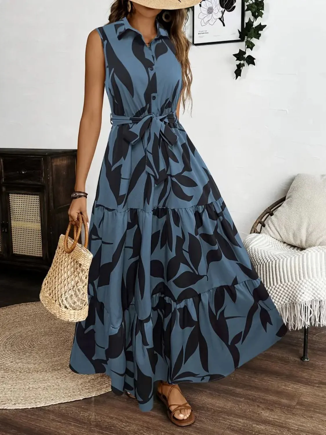 Printed Tie Waist Sleeveless Maxi Dress - Image 12