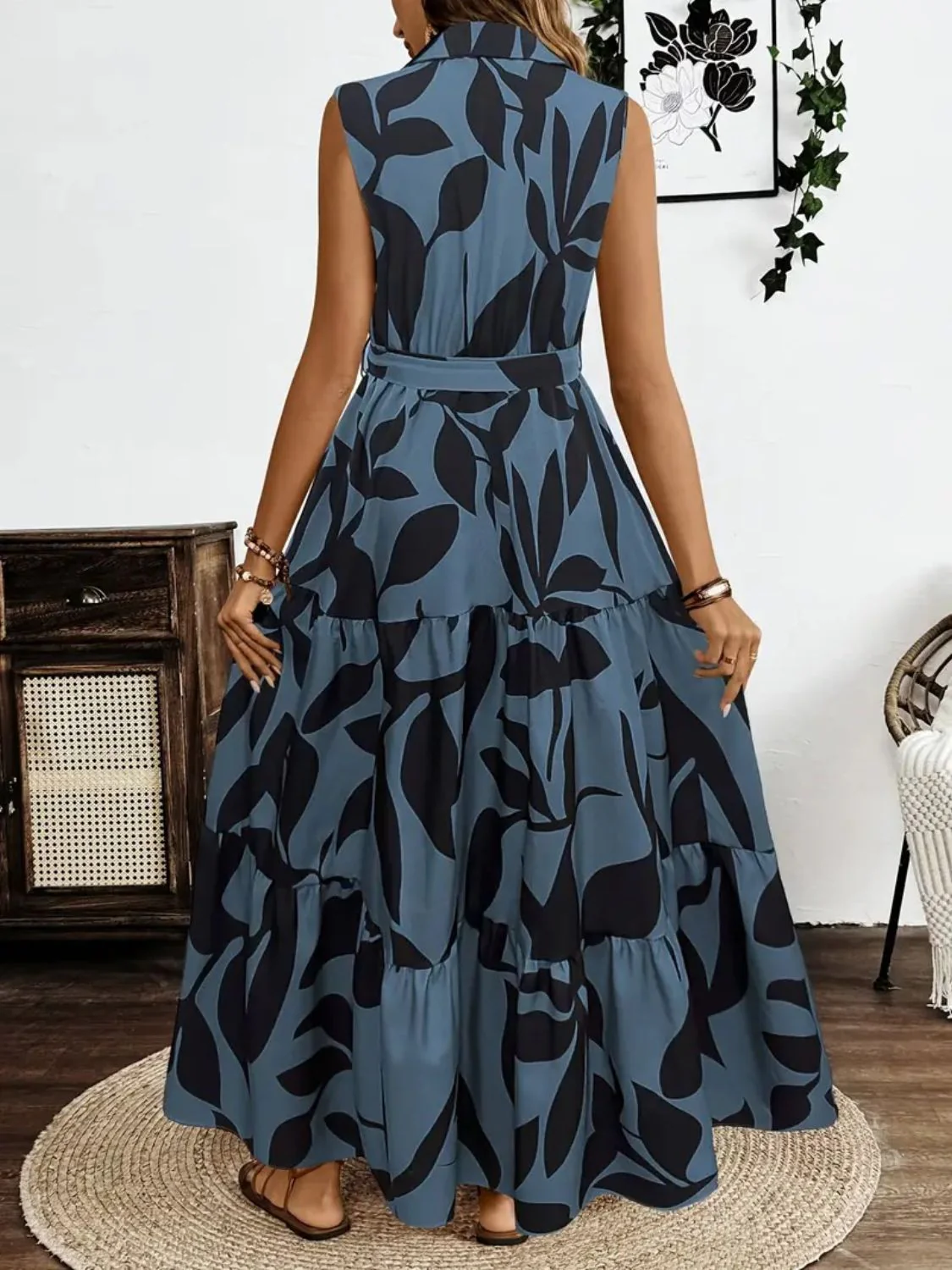 Printed Tie Waist Sleeveless Maxi Dress - Image 13