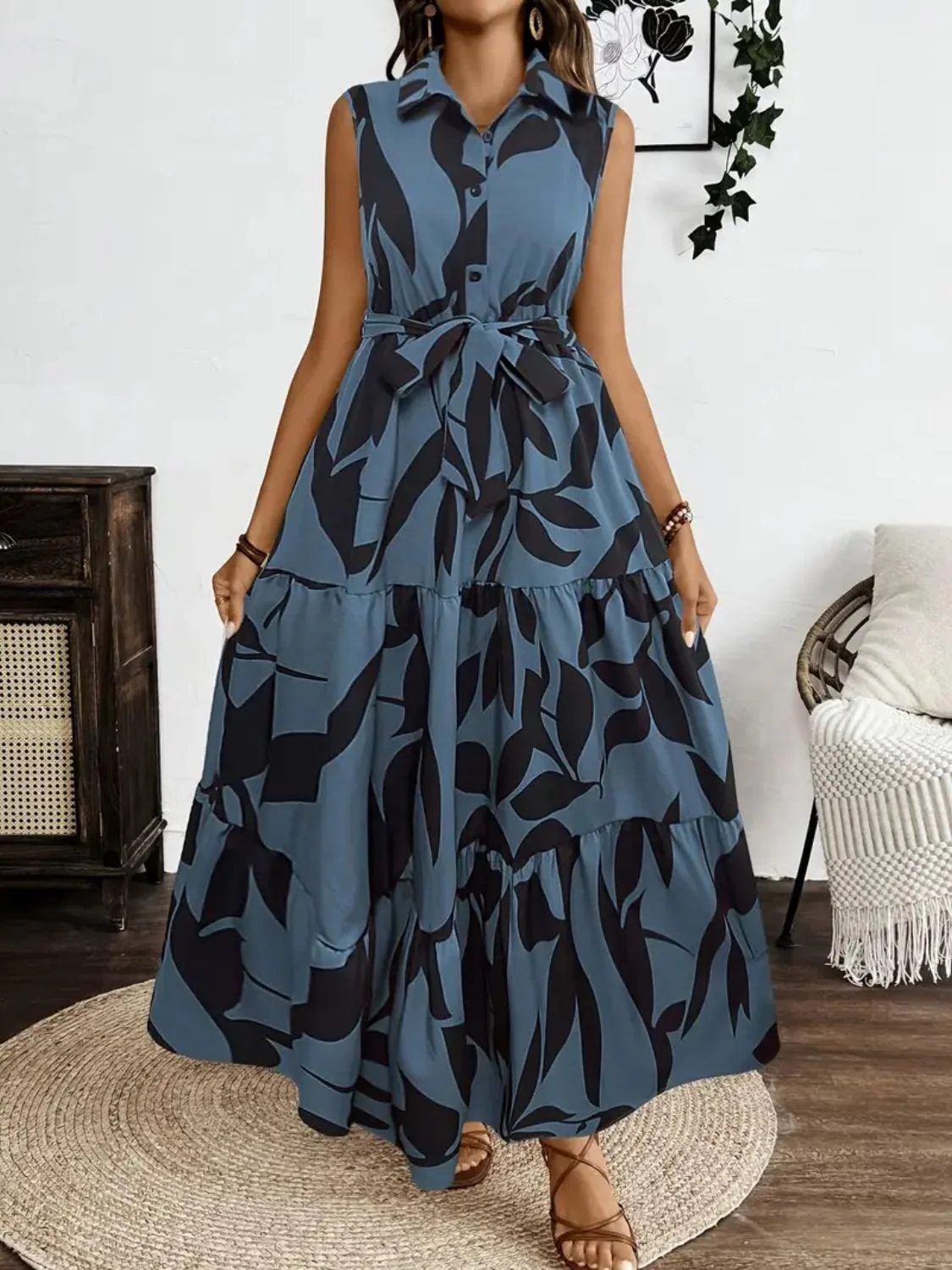 Printed Tie Waist Sleeveless Maxi Dress - Image 14