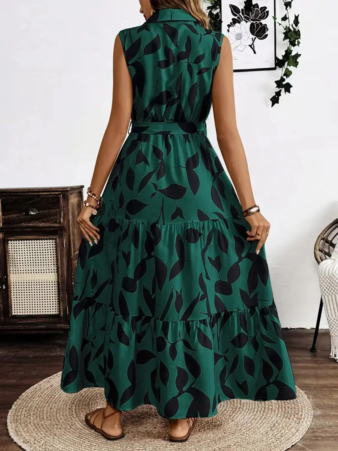Printed Tie Waist Sleeveless Maxi Dress - Image 8