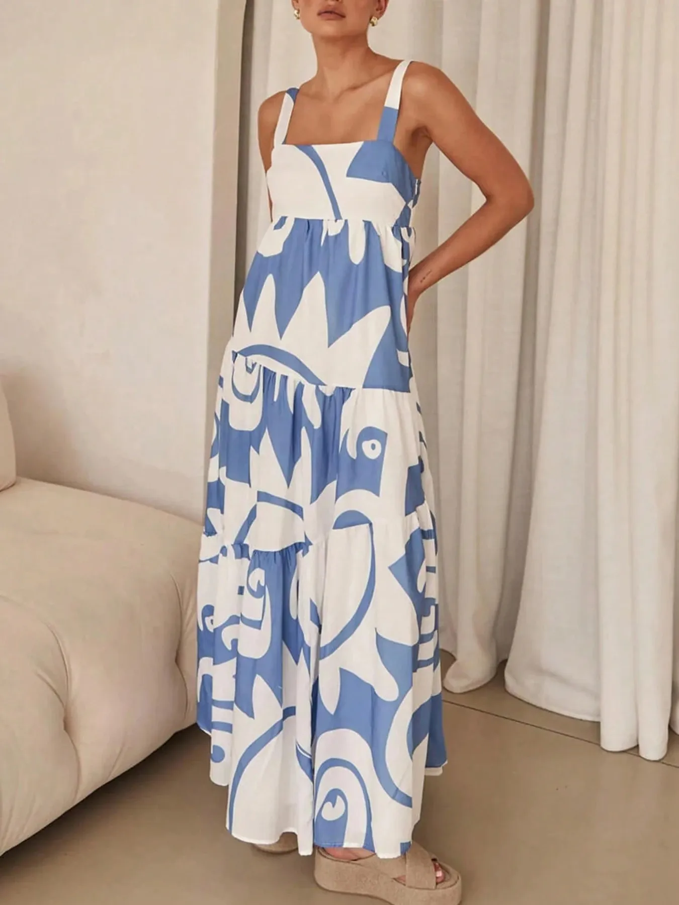 Printed Tiered Square Neck Maxi Dress - Image 4